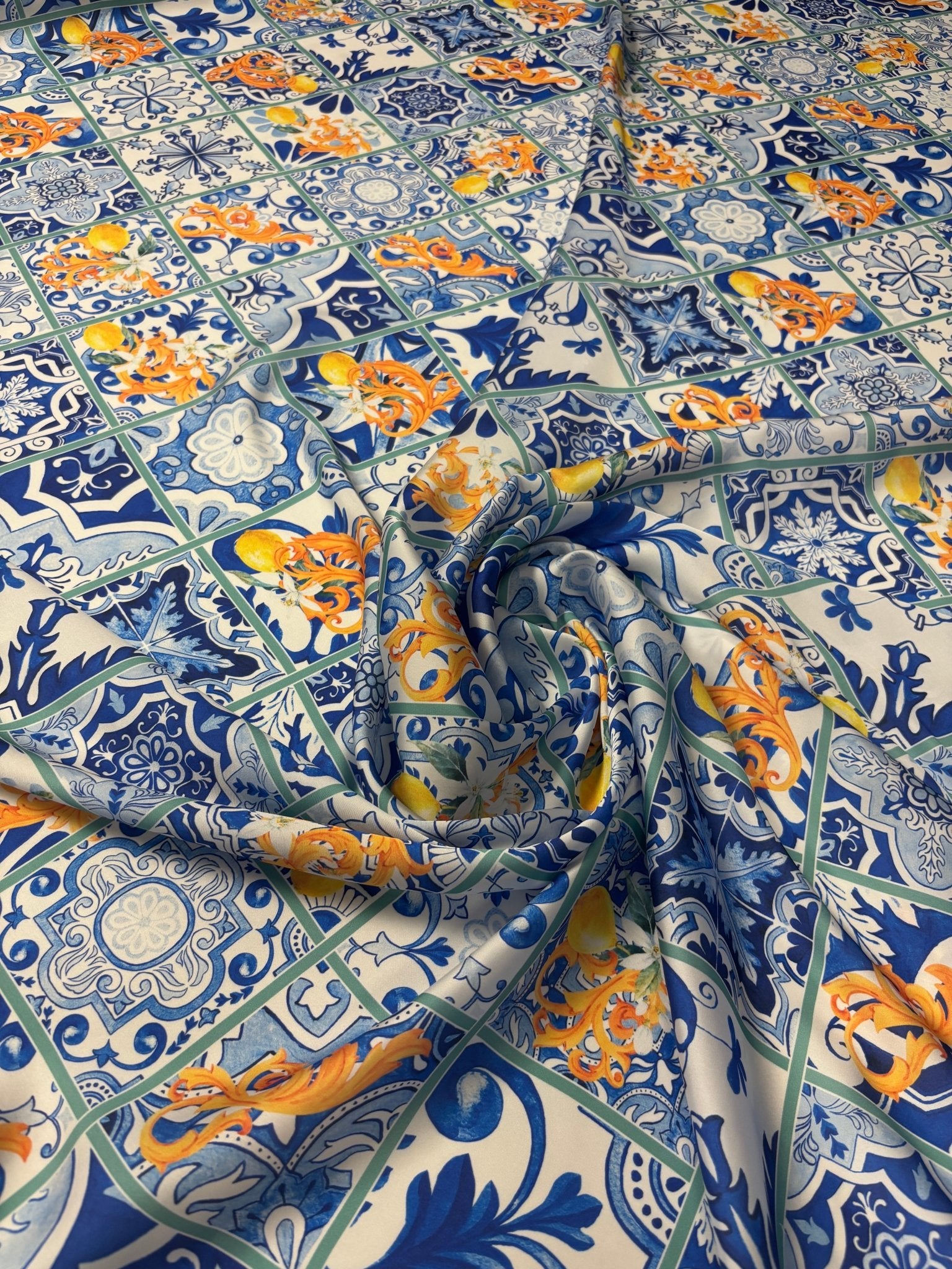 Mediterranean Tile & Lemon Print Chiffon Satin Fabric by the Metre - Whotex Online Fabric Store