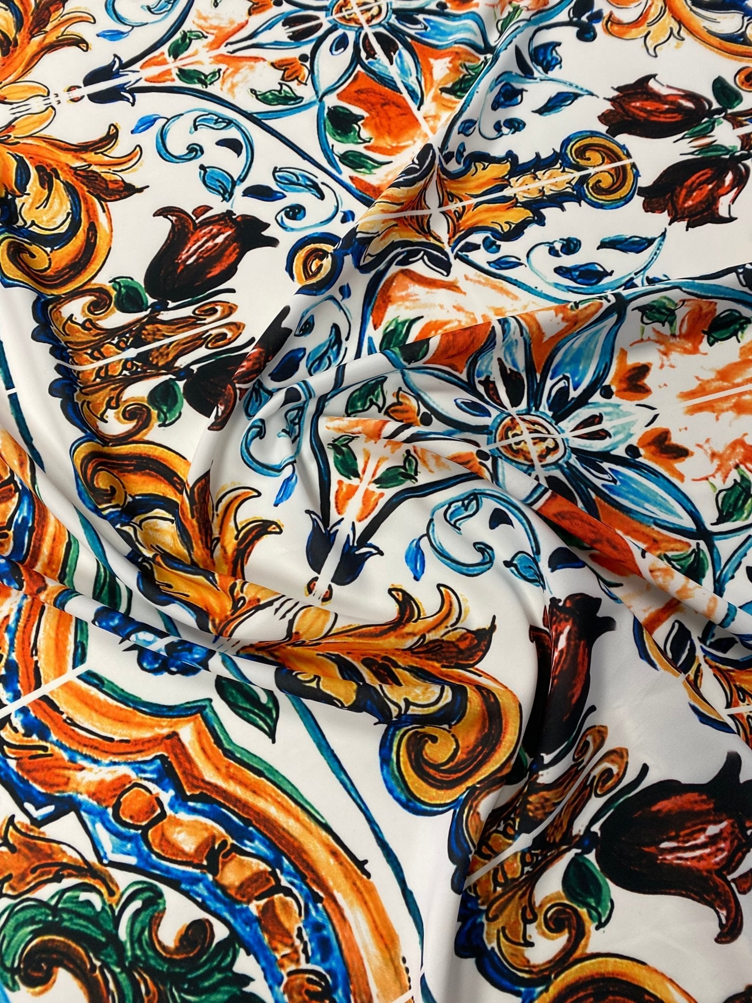 Mediterranean Tile Print Crepe Fabric by the Metre – Multicolour showcasing vibrant floral and geometric patterns.