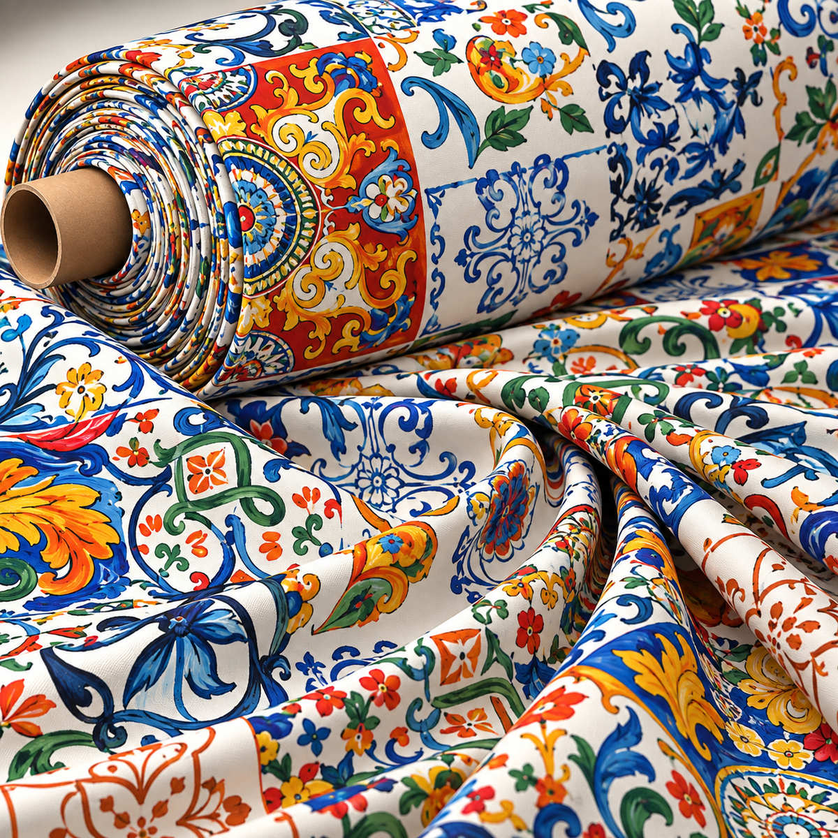 Mediterranean Tile Print Upholstery Fabric by the Metre - Whotex Fabrics London