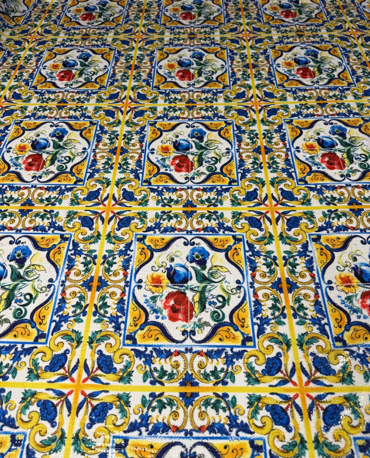 Mediterranean Tile Sequin Fabric for Dresses - Whotex Fabrics London