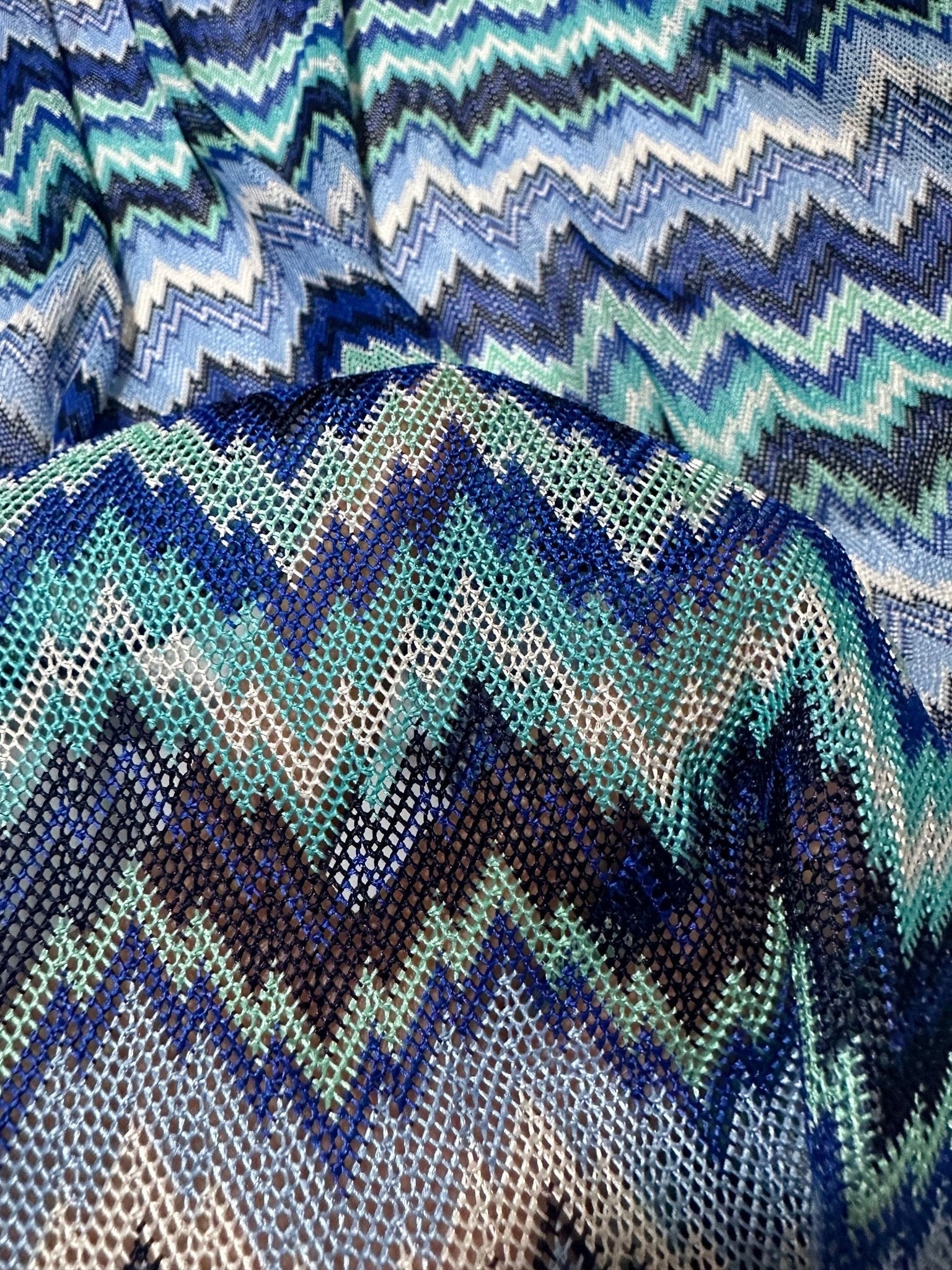 Mesh Fabric, Zigzag Knit Jersey Fabric, luxury Fabric, italian Fabric, dress, pareo, shirt, craft, blouse, Blue White color Chevron Fabric - Whotex Online Fabric Store