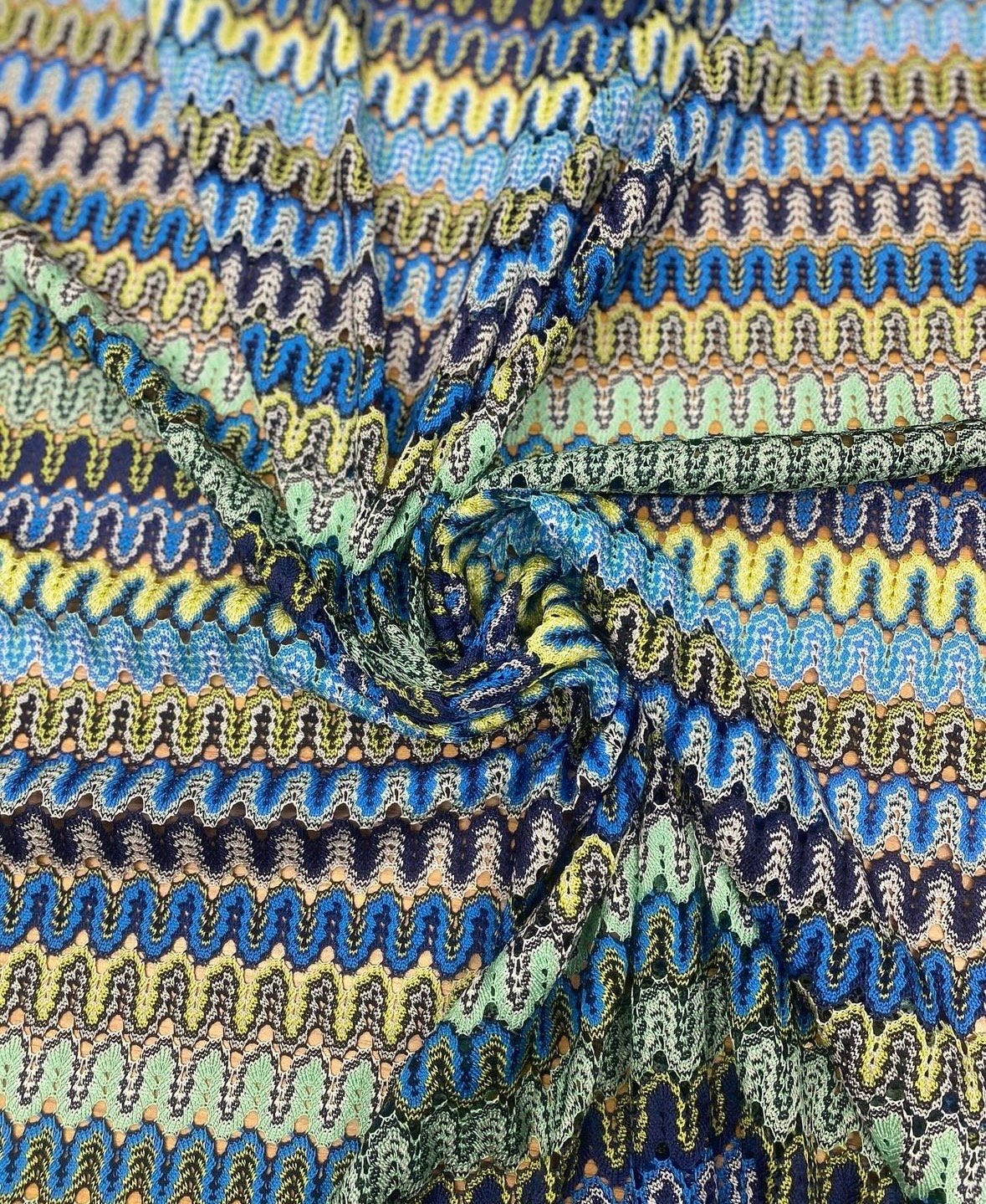 Mesh Fabric, Zigzag Pattern Yellow And Blues - Whotex Online Fabric Store