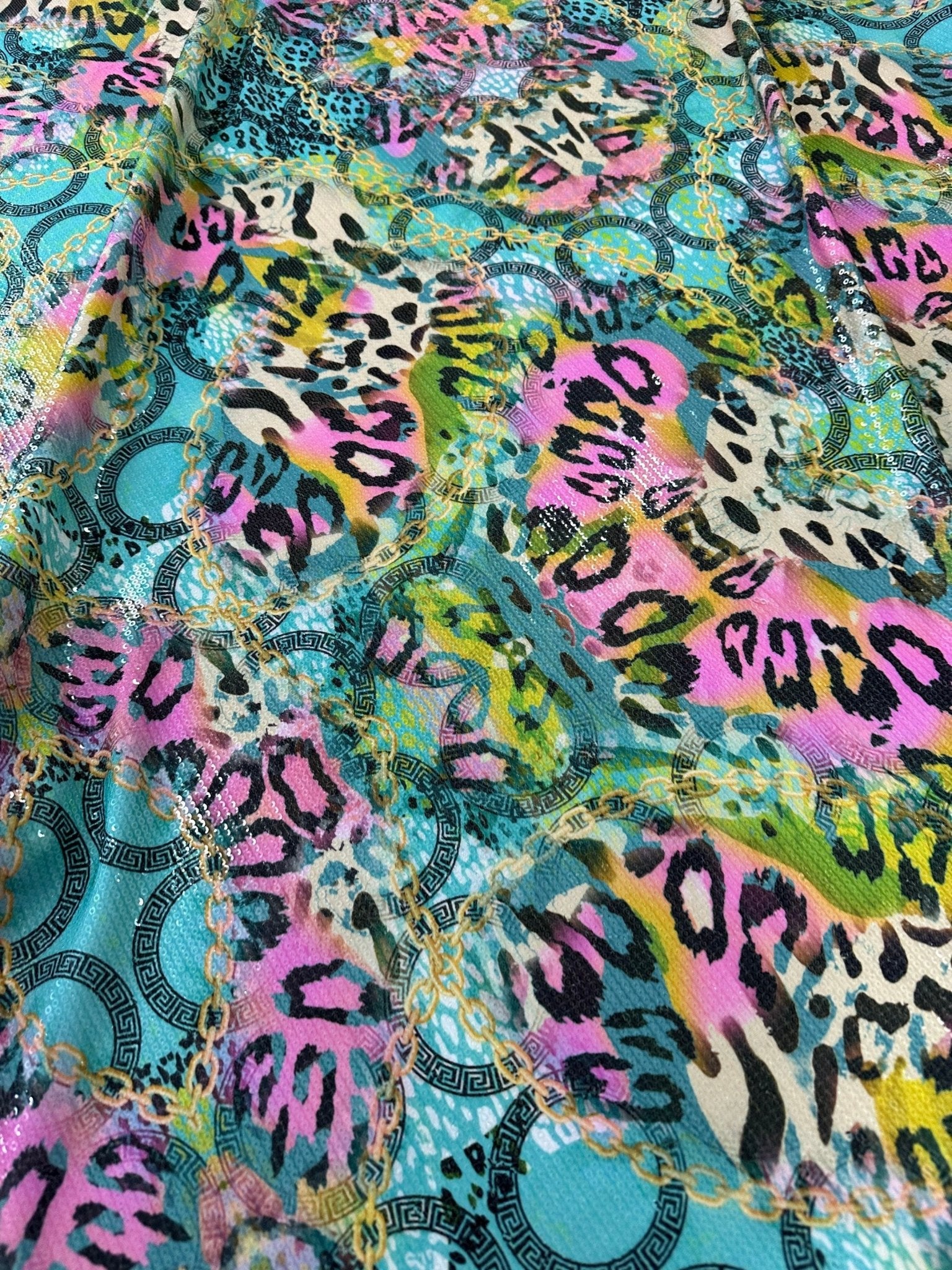 Multicolor Leopard Pattern Sequin Fabric, 2 - Way Stretch Sequin Fabric By The Yard - Whotex Online Fabric Store