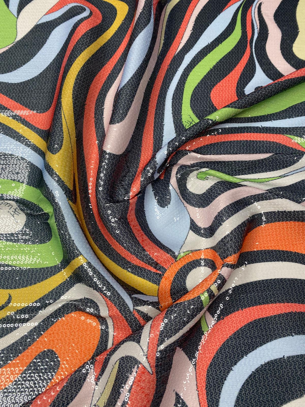 Multicolour Abstract Wave Print Sequin Fabric by the Metre - Whotex Fabrics London