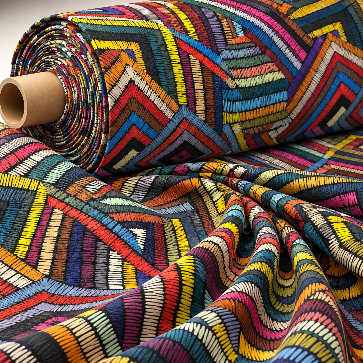Multicolour Geometric Poly Linen Fabric by the Metre - Whotex Fabrics London