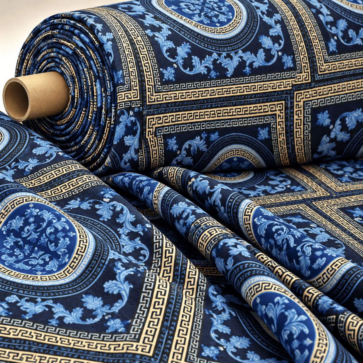 Navy Blue Baroque Greek Key Fabric By Metre - Whotex Fabrics London