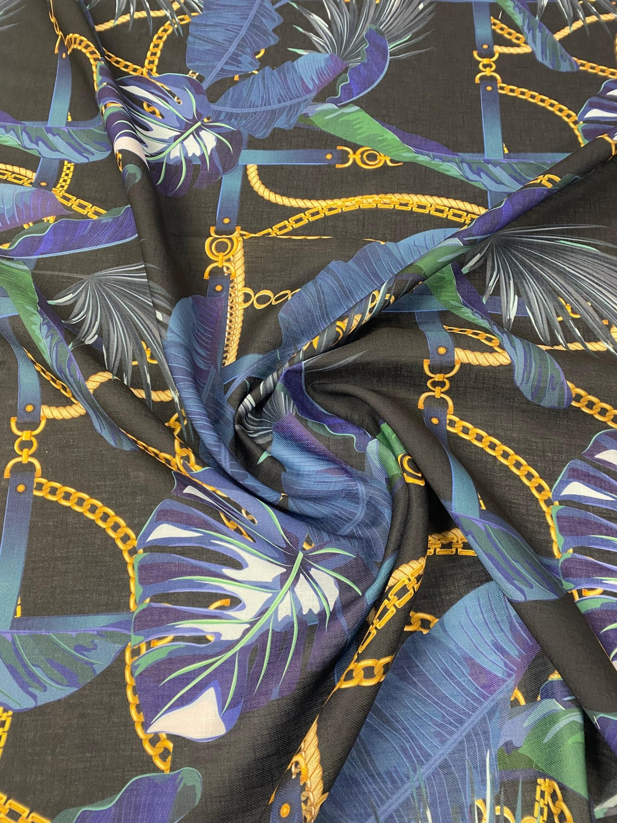 Navy Blue Leaf Chain Pattern Fabric by Metre - Whotex Fabrics London