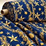 Navy Blue Sea Shell Pattern Luxury Fabric by Metre - Whotex Fabrics London