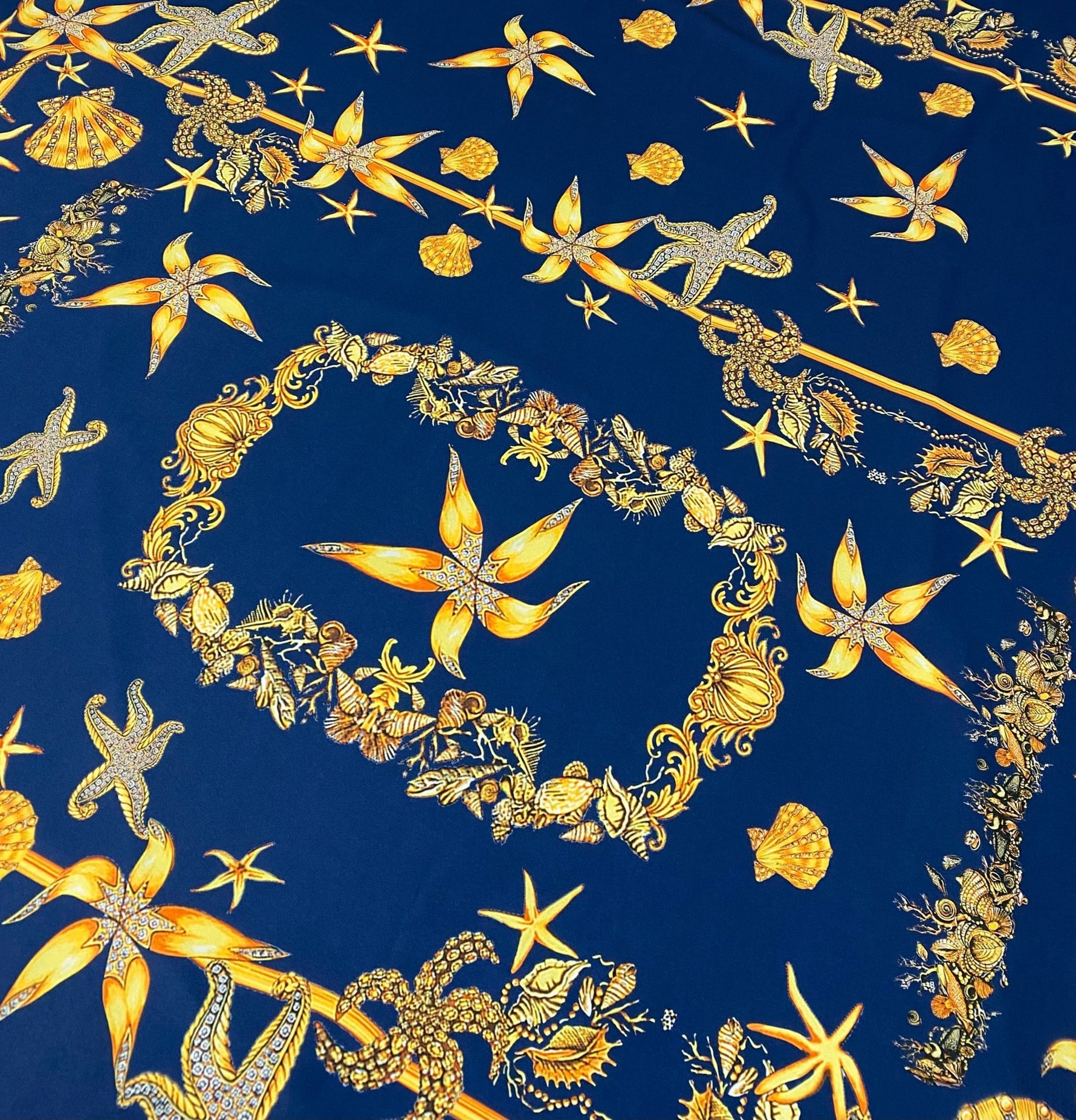 Navy Blue Sea Shell Pattern Luxury Fabric – Custom Printed Fabric, Choose Material by Metre - Whotex Fabrics London