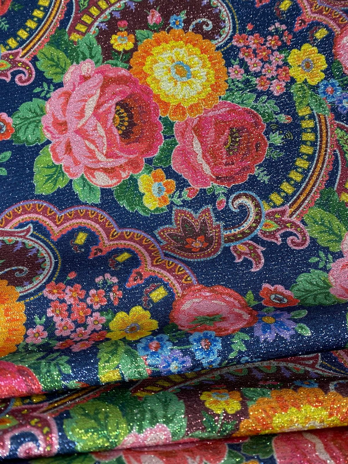 Navy Floral Lurex Fabric by the Metre - Whotex Fabrics London