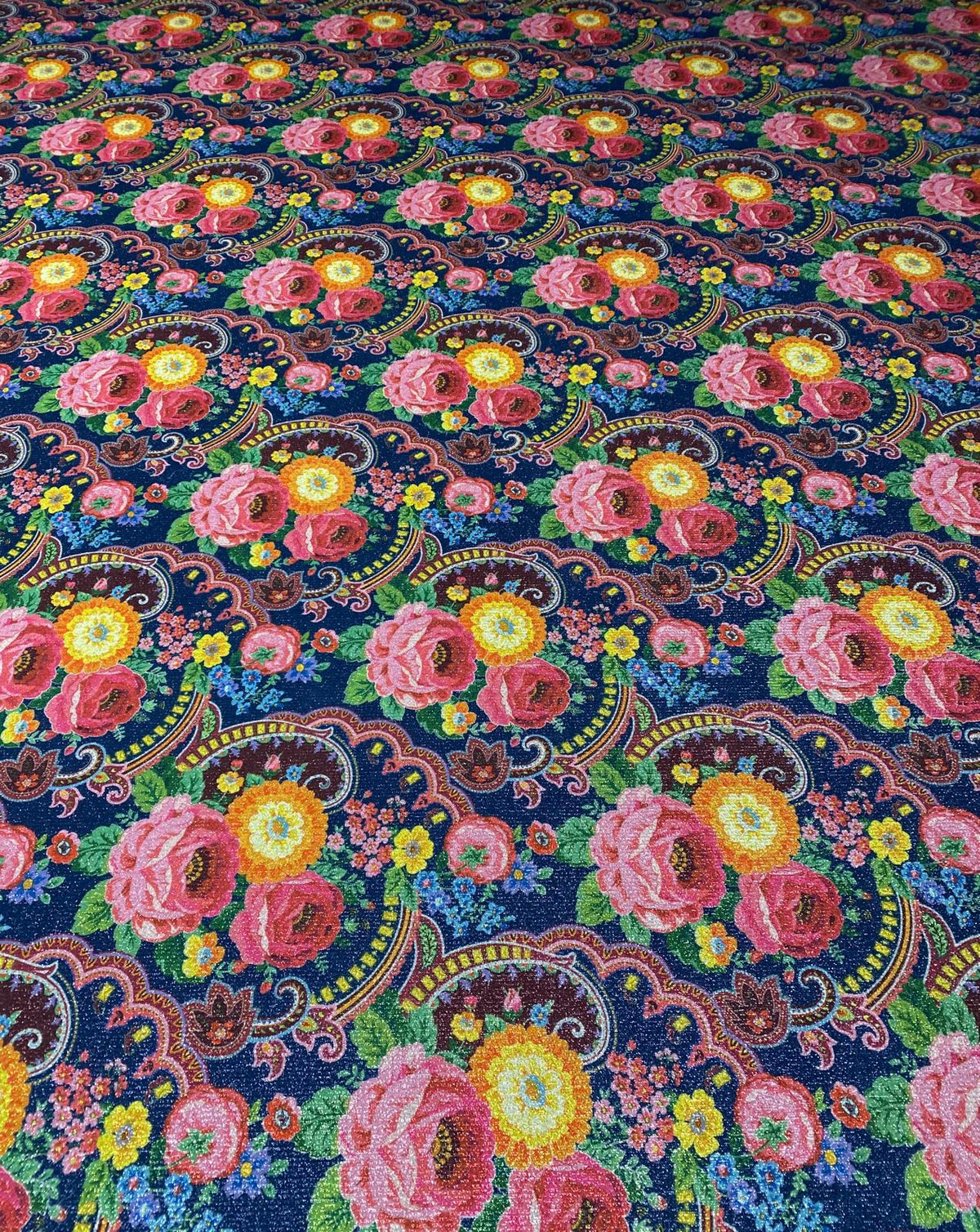 Navy Floral Lurex Fabric by the Metre - Whotex Fabrics London