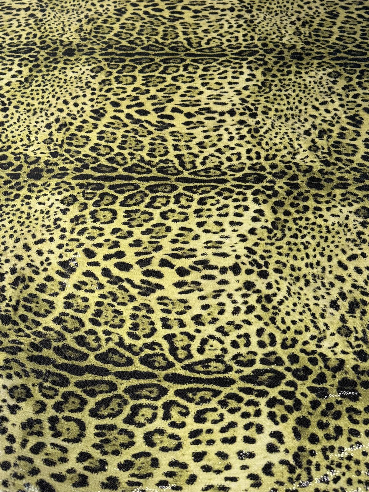 Olive Green Leopard Sequin Fabric by the Metre - Whotex Fabrics London