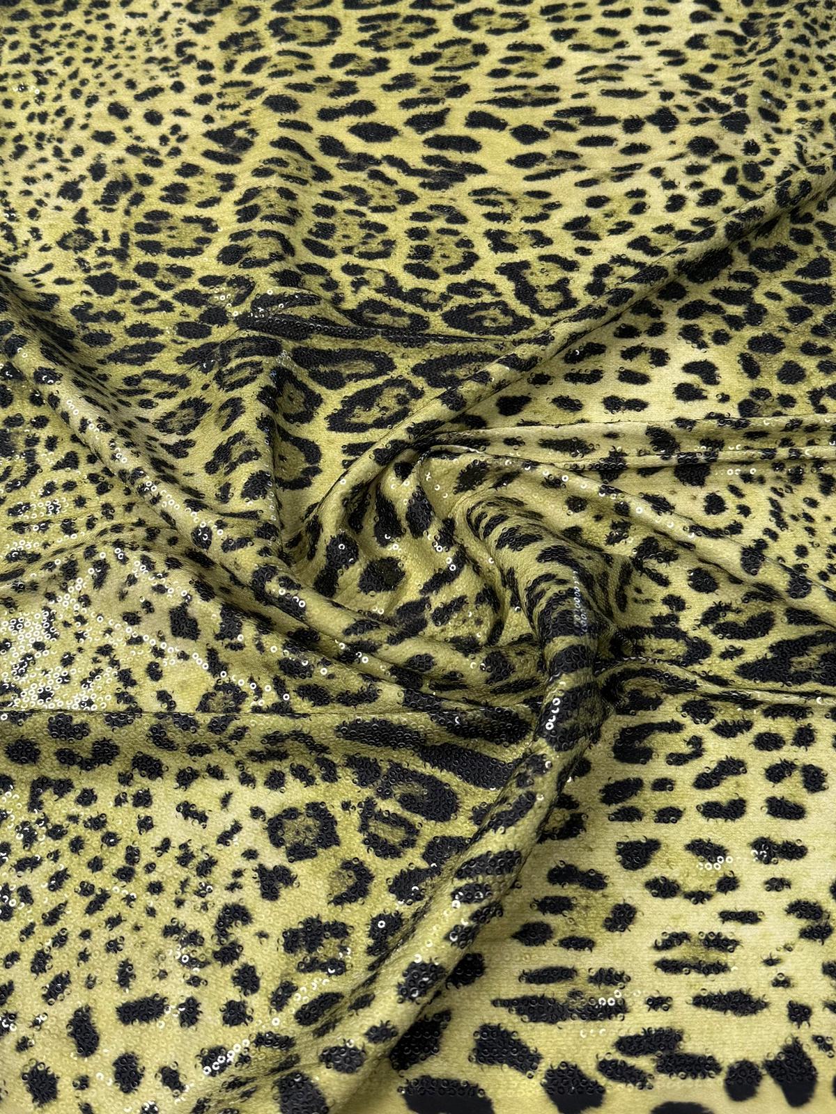 Olive Green Leopard Sequin Fabric by the Metre - Whotex Fabrics London