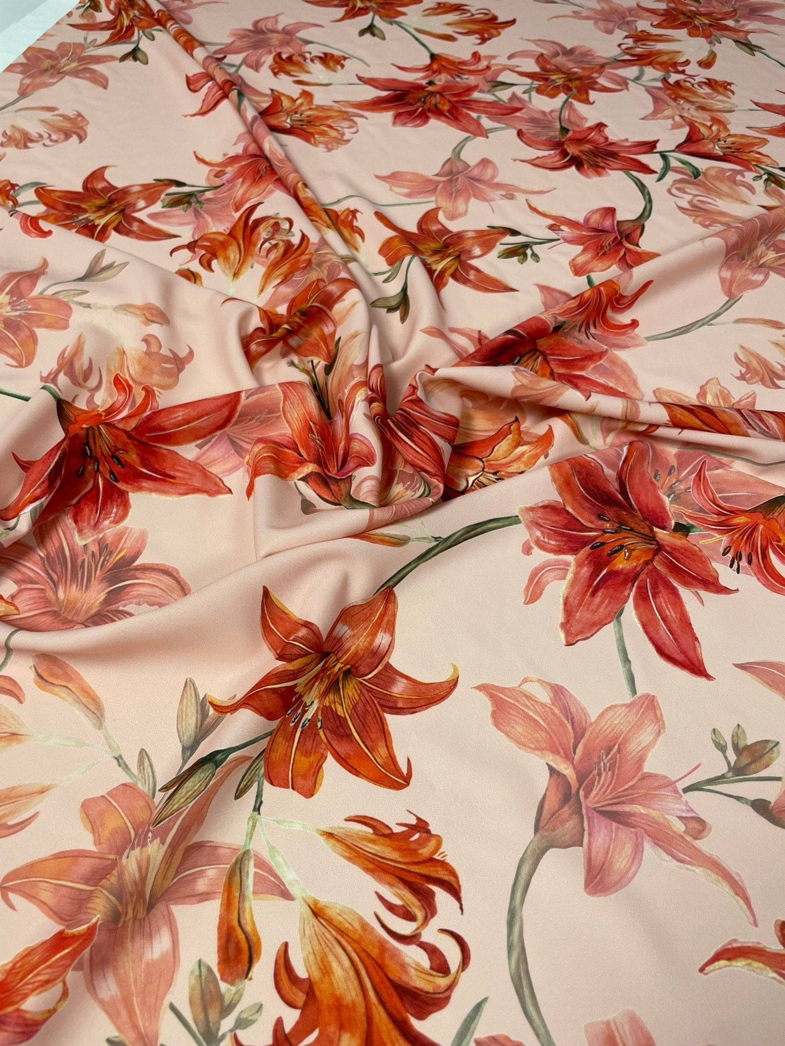 Orange and Red Lily Floral Fabric – Soft Pink Background, Summer Print - Whotex Online Fabric Store