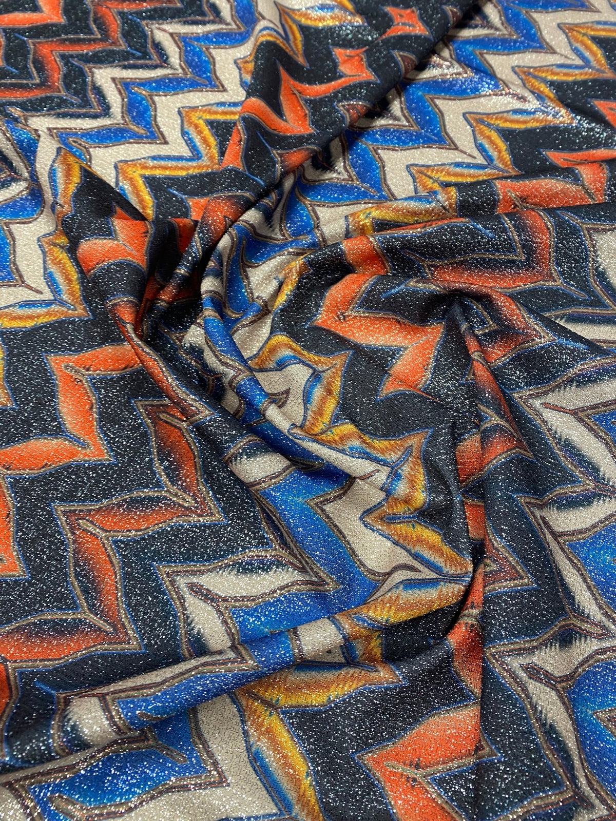Orange Blue Zigzag Lurex Fabric with Shimmer by the Metre - Whotex Fabrics London