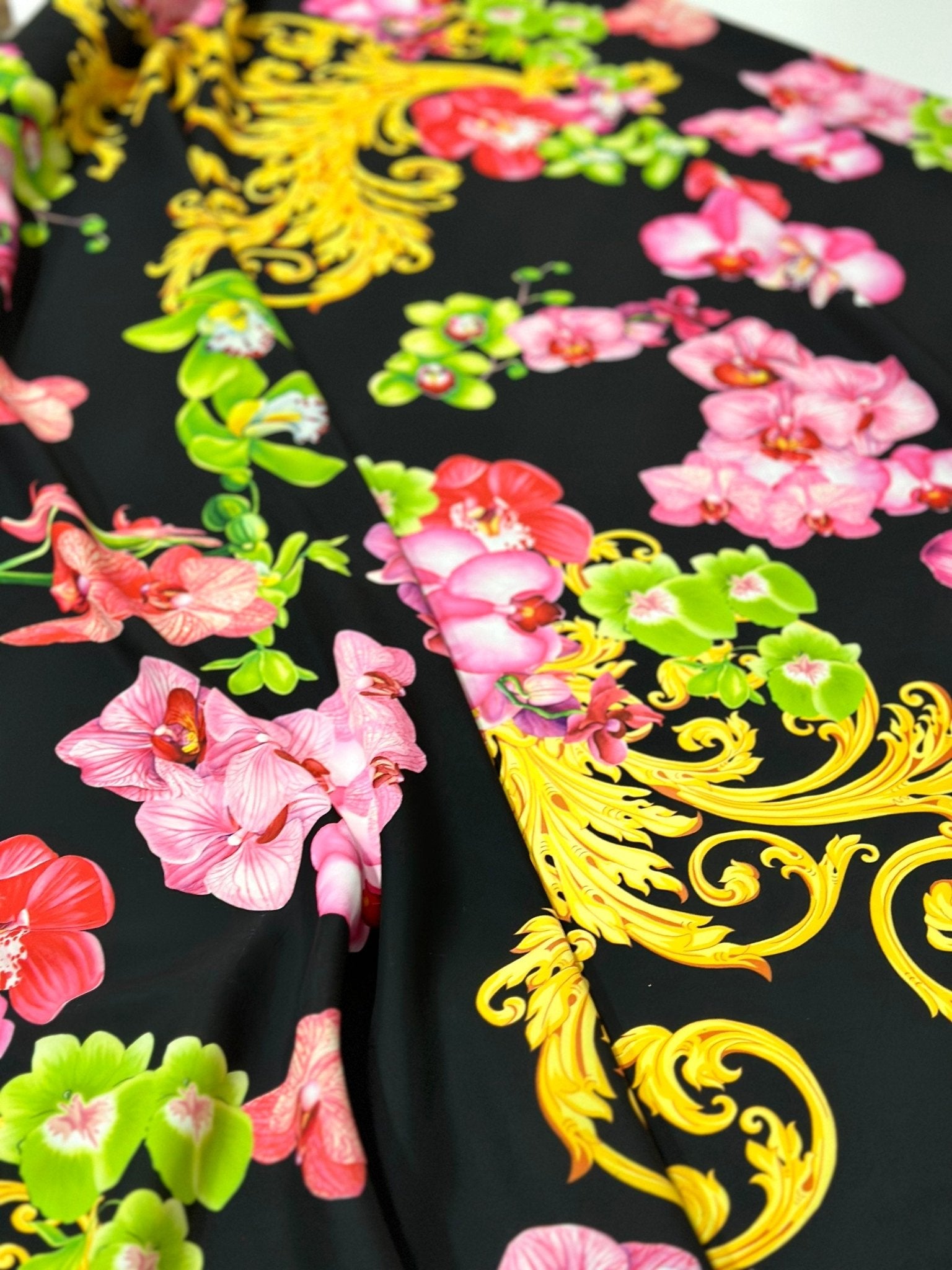 Orchid Floral and Baroque Pattern Silky Crepe Fabric, Swirl print Fabric - Whotex