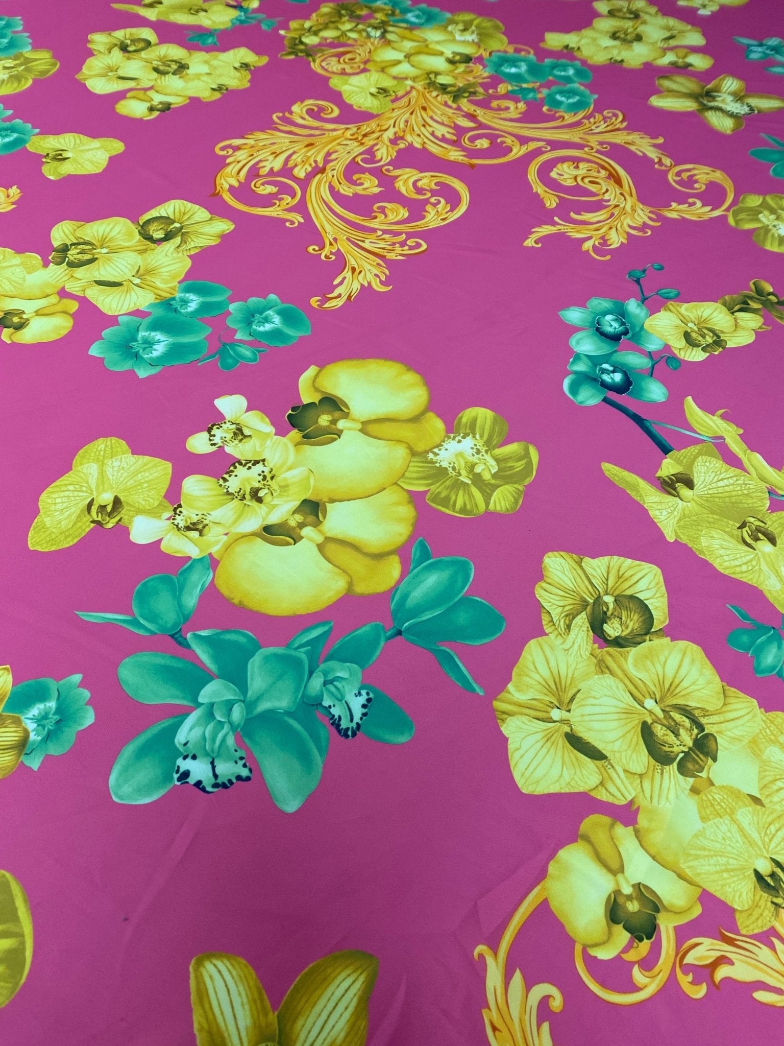Orchid Floral Crepe Fabric by the Metre – Pink Yellow & Green Flowers - Whotex Online Fabric Store