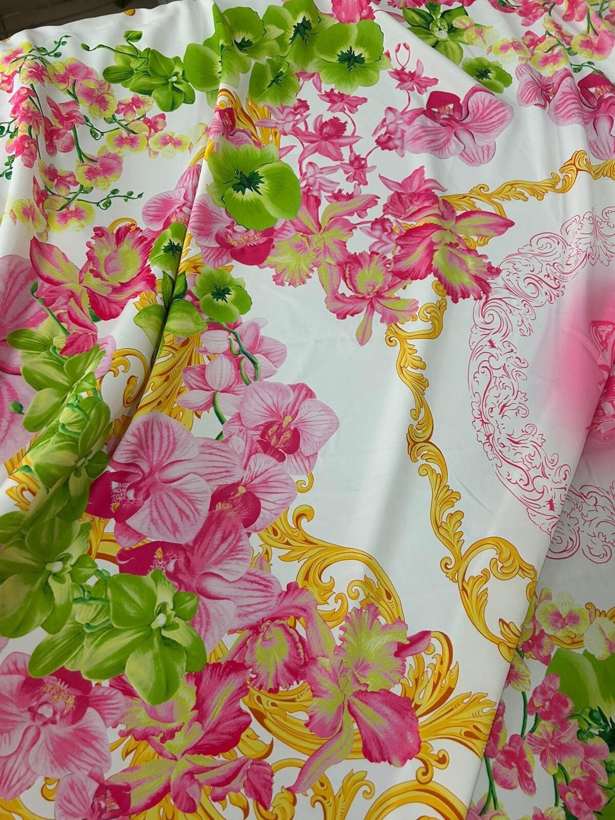 Orchid Floral Pattern Silky Crepe Fabric, Swirl print Fabric - Whotex