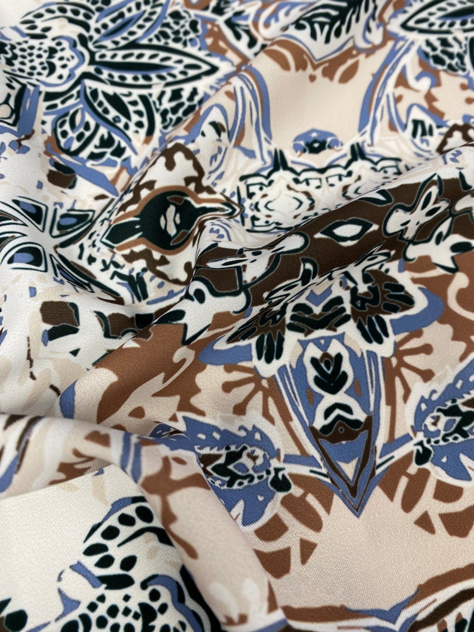 Ornamental Ethnic Print Fabric in Blue, Brown, and Beige - Whotex Online Fabric Store