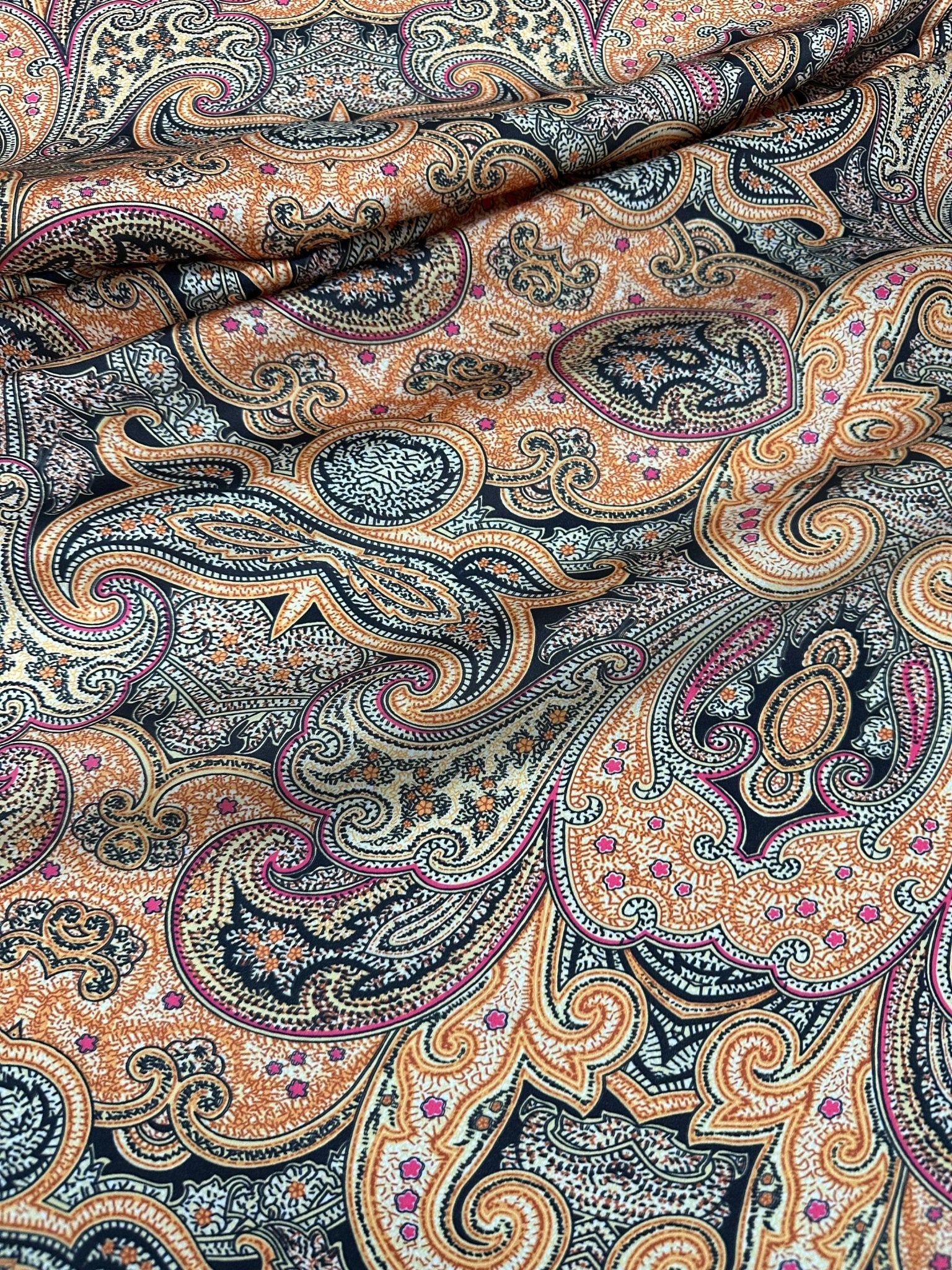 Paisley Pattern Fabric, Black and Orange Satin Fabric - Whotex