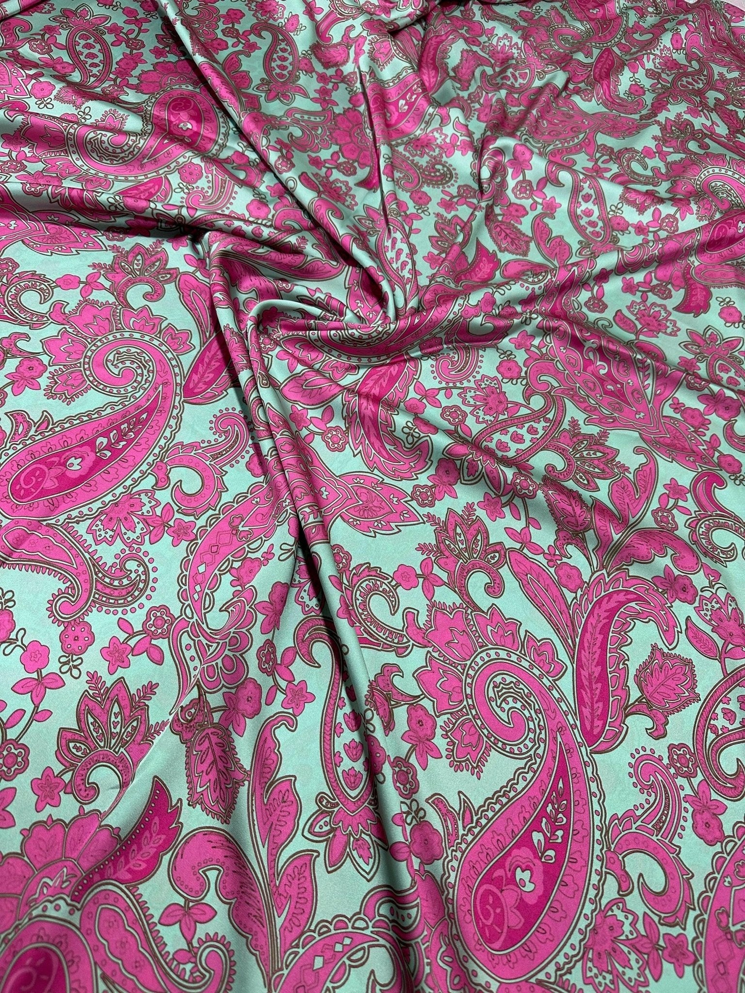 Paisley Pattern Fabric, Pink and Mint Green Satin Fabric - Whotex