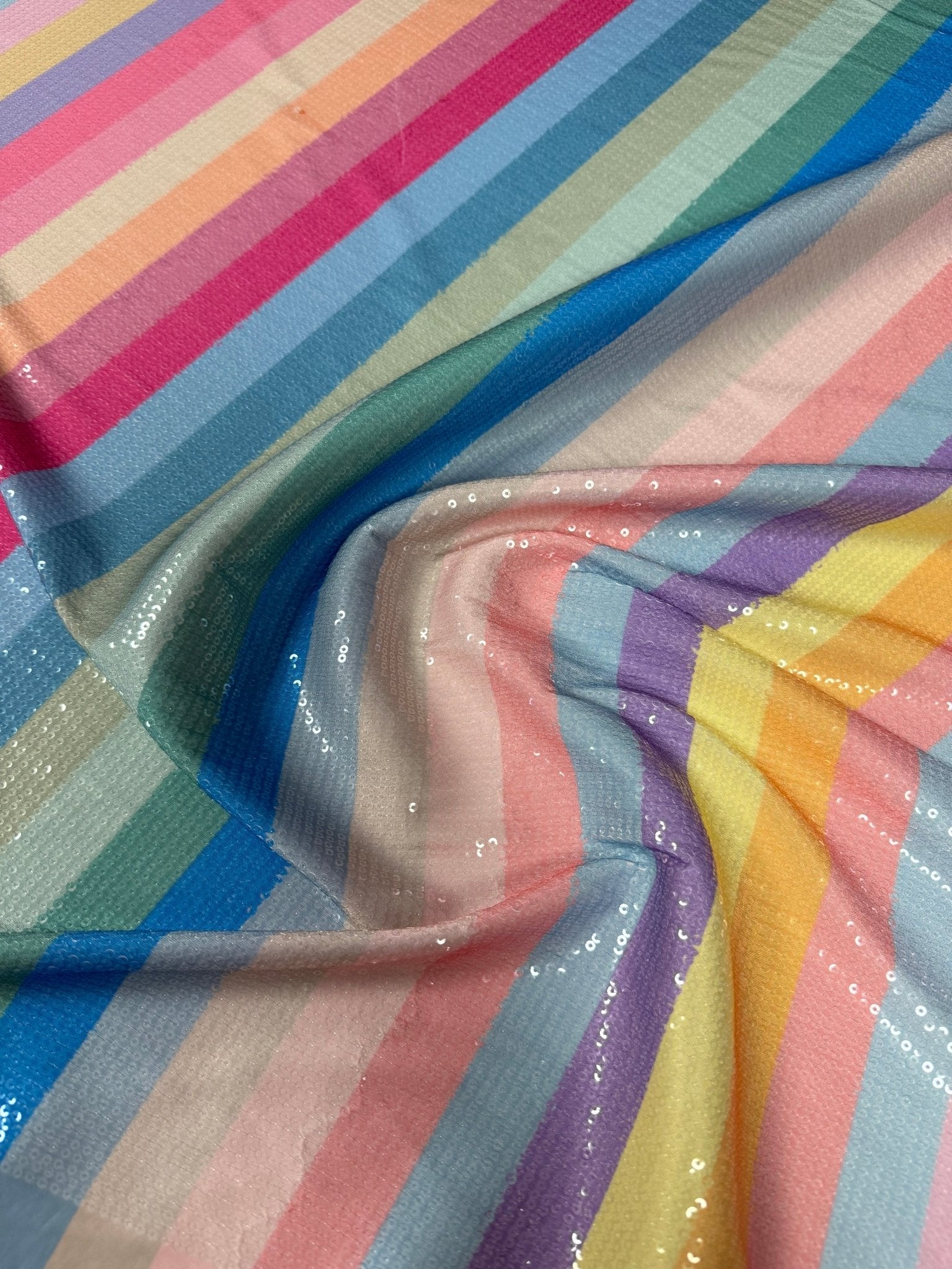 Pastel Rainbow Sequin Striped Fabric by the Metre - Whotex Fabrics London