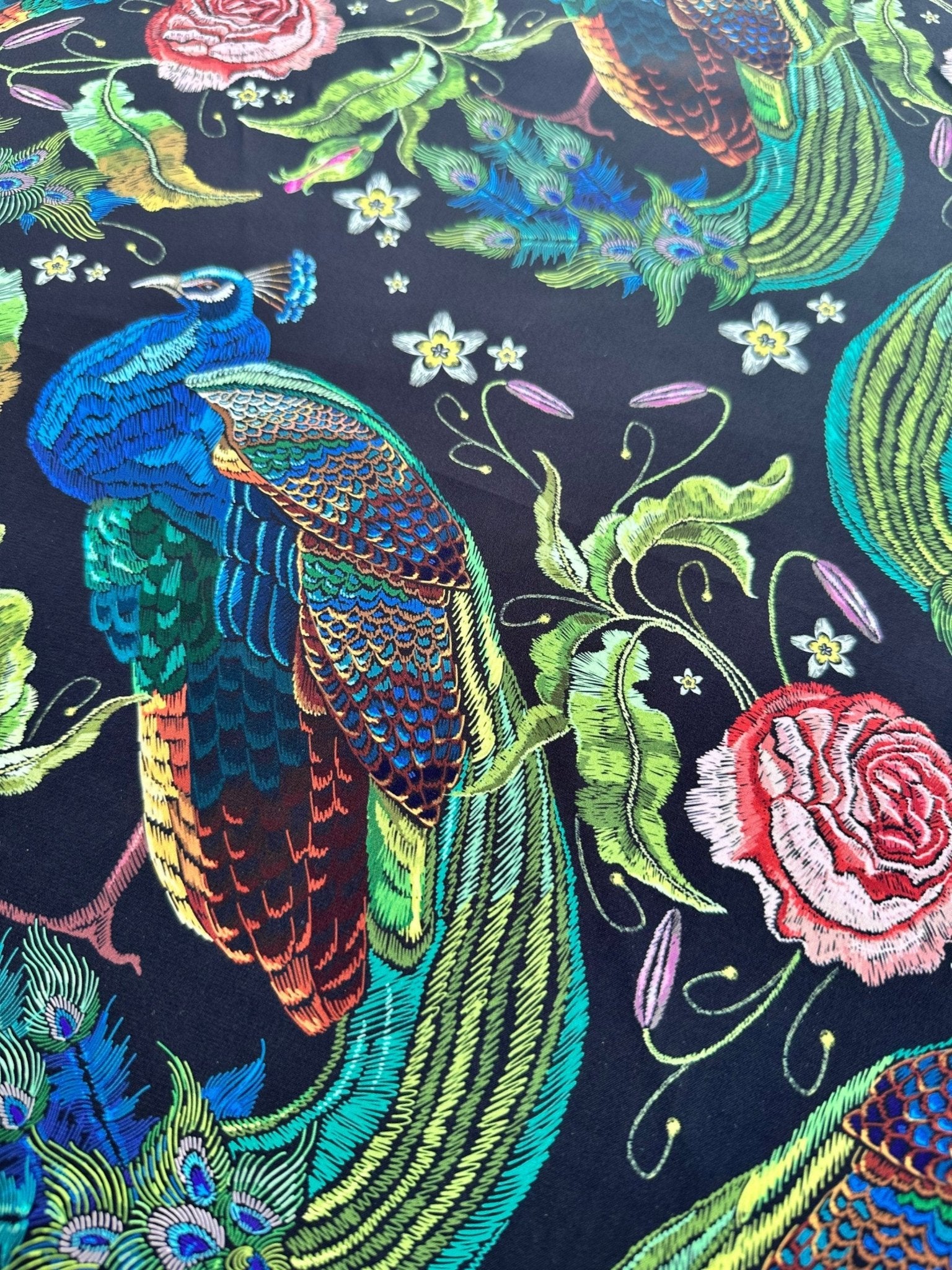 Peacock Pattern Fabric, Rose Pattern Silky Satin Fabric - Whotex