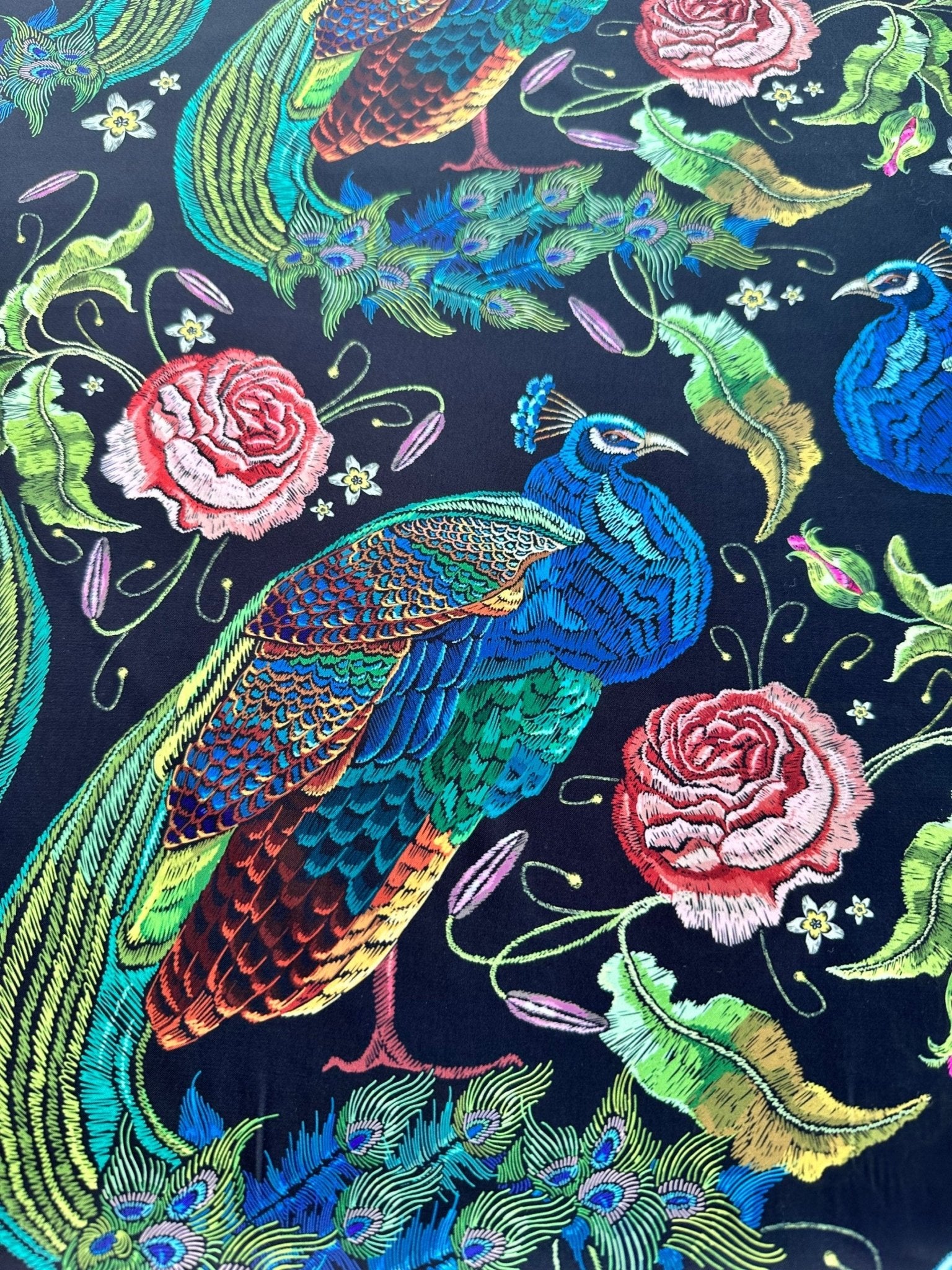 Peacock Pattern Fabric, Rose Pattern Silky Satin Fabric - Whotex