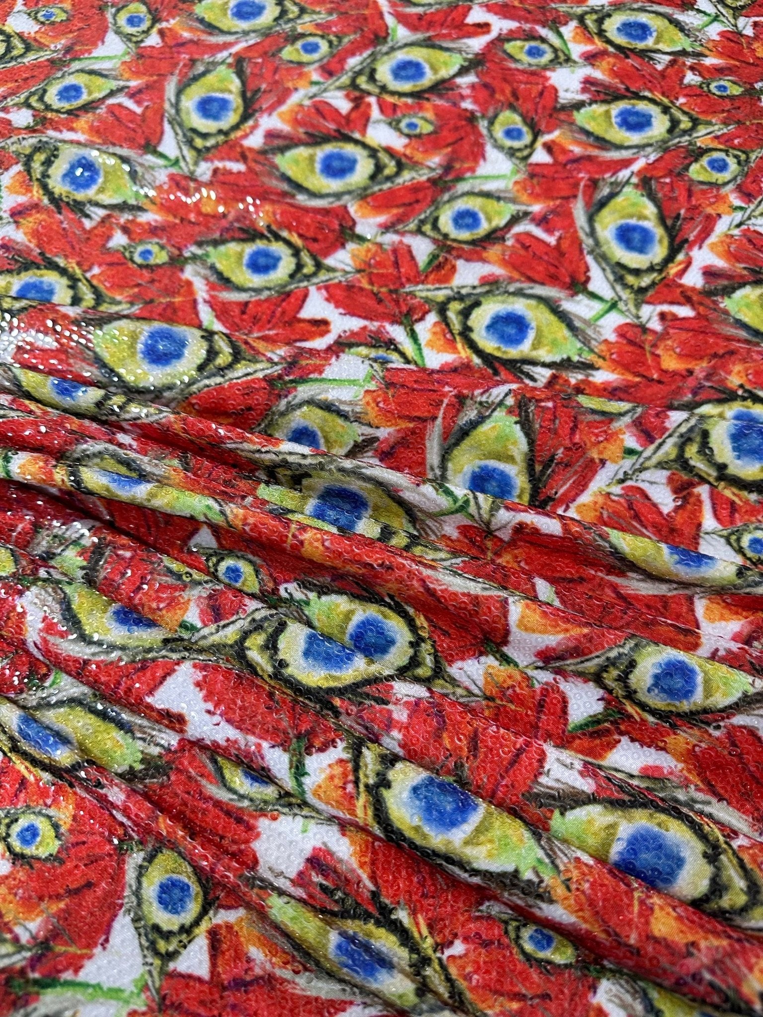 Peacock Print Sequin Fabric, 2 - way stretch Sequin Fabric, - Whotex