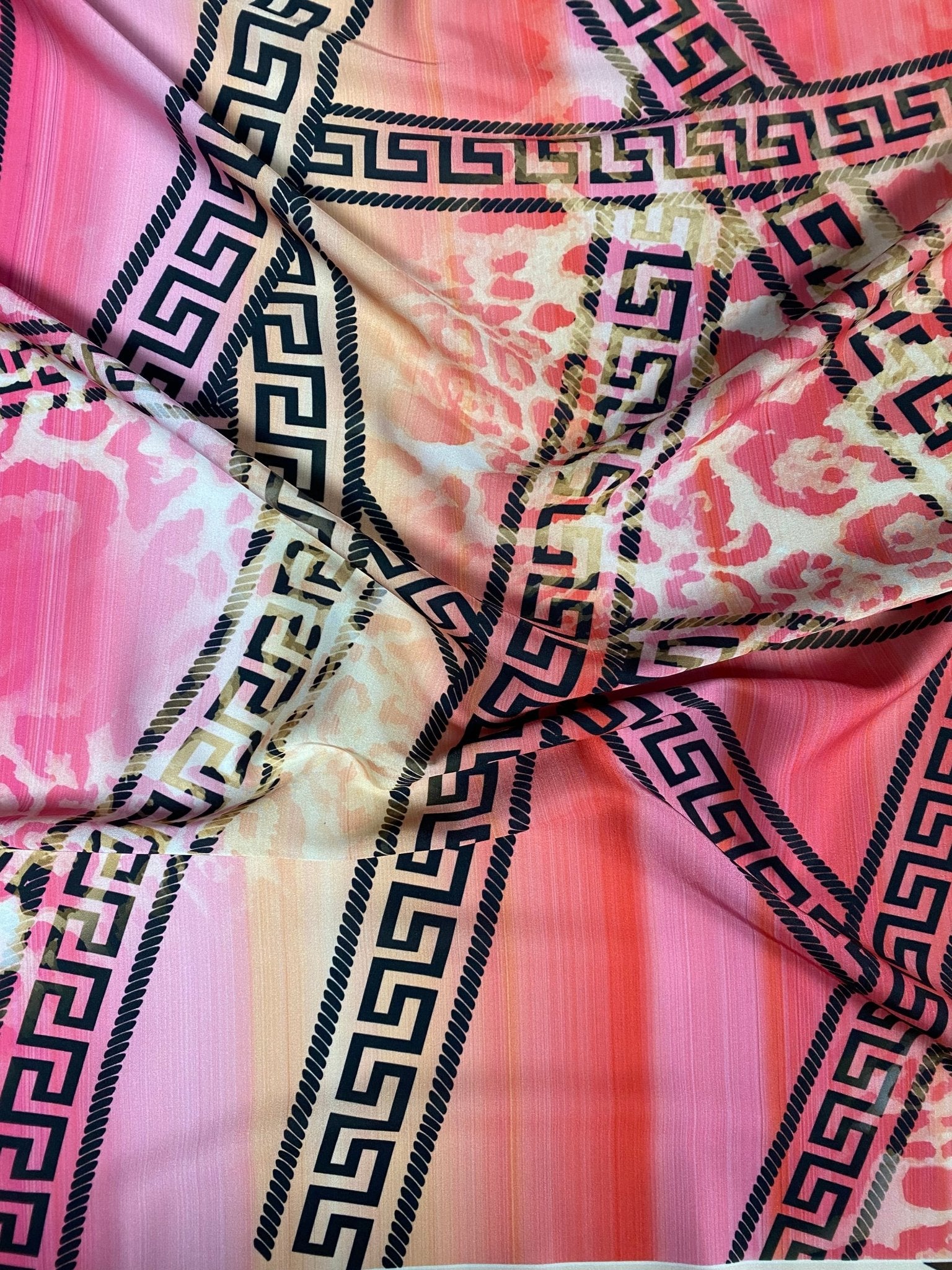 Pink Abstract Greek Key Fabric – Leopard & Stripe Design by the Metre - Whotex Fabrics London