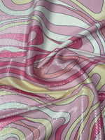 Pink and Yellow Psychedelic Sequin Fabric by the Metre - Whotex Fabrics London