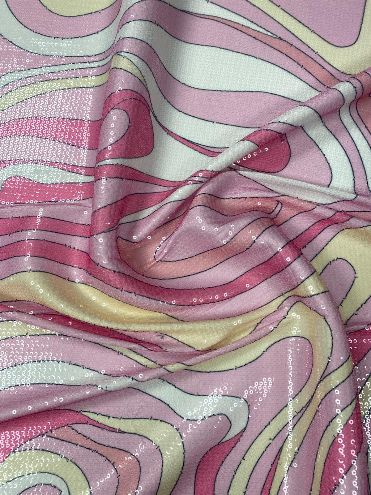 Pink and Yellow Psychedelic Sequin Fabric by the Metre - Whotex Fabrics London