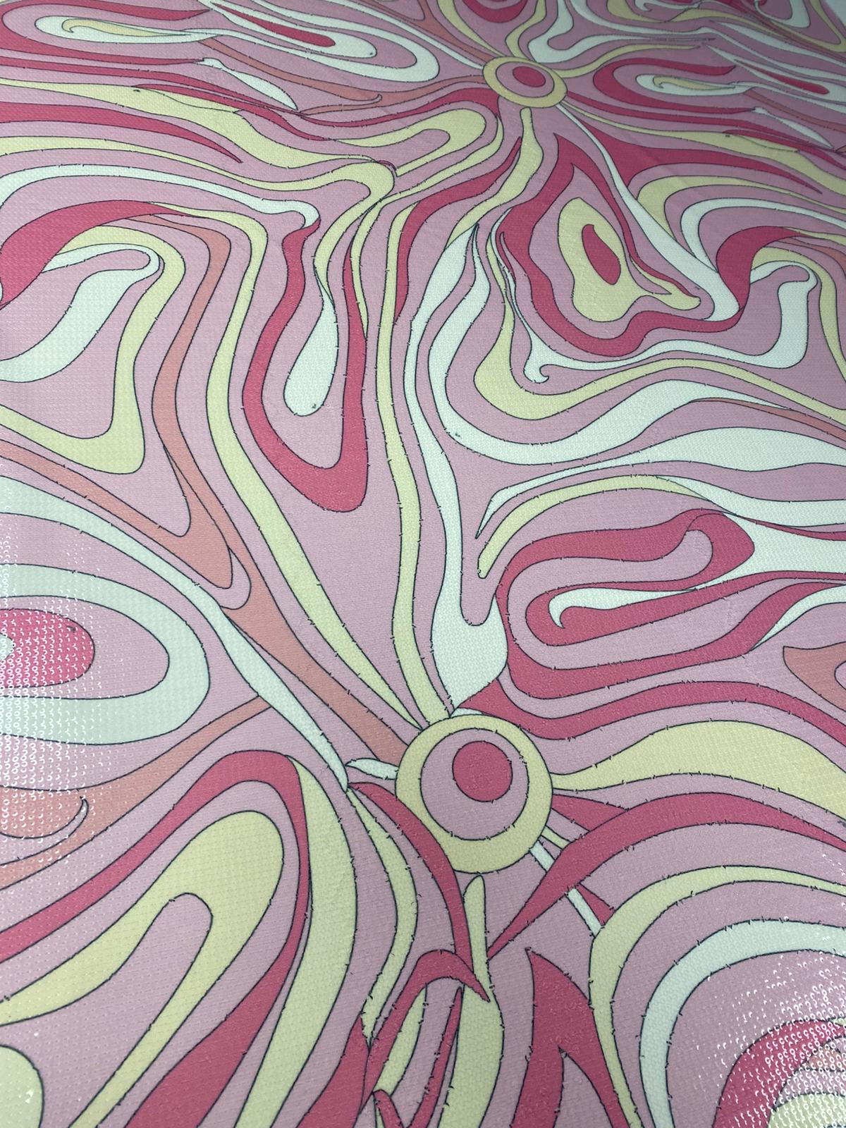 Pink and Yellow Psychedelic Sequin Fabric by the Metre - Whotex Fabrics London