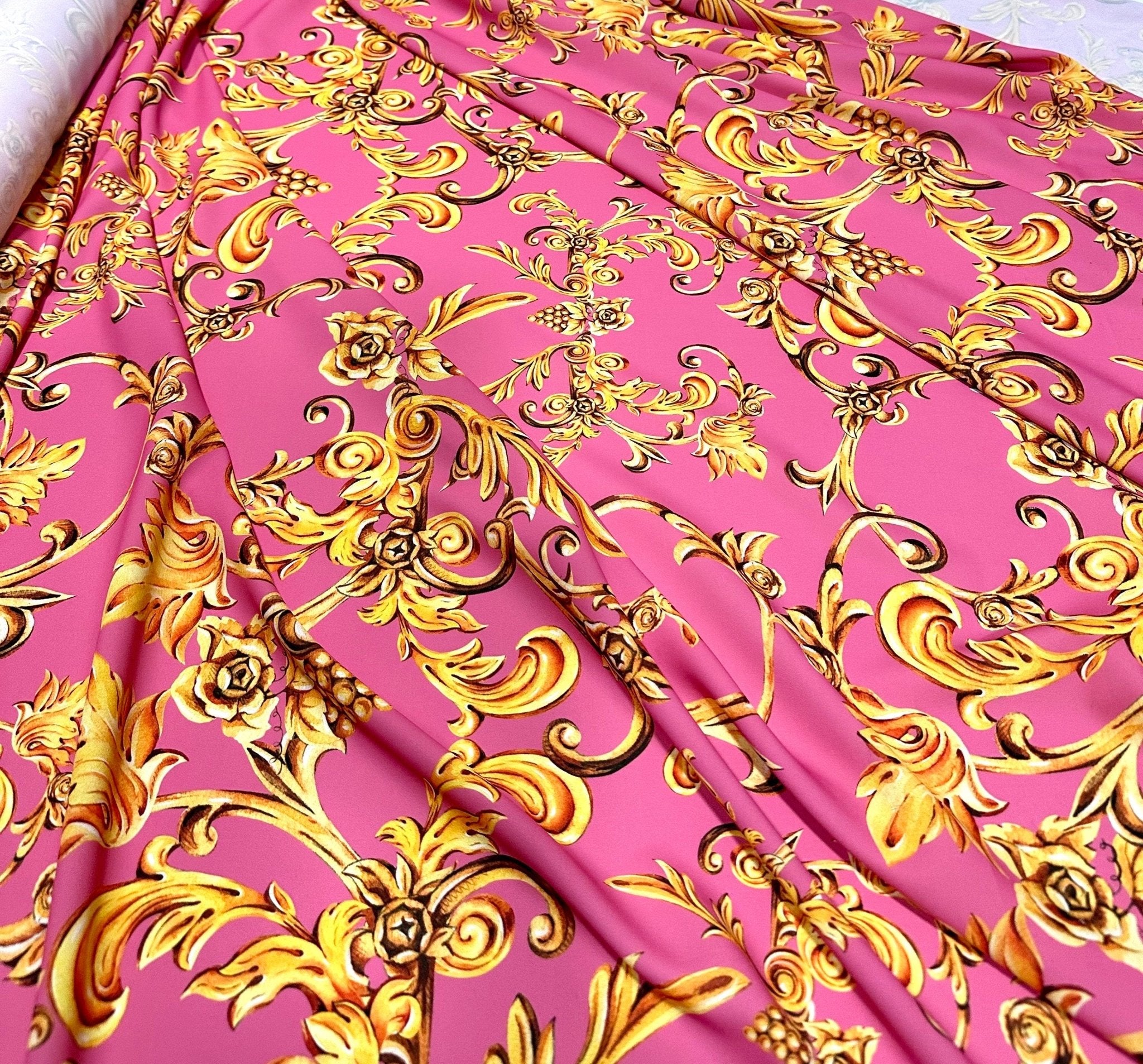 Pink Crepe ,Gold Baroque Print Silky Fabric - Whotex