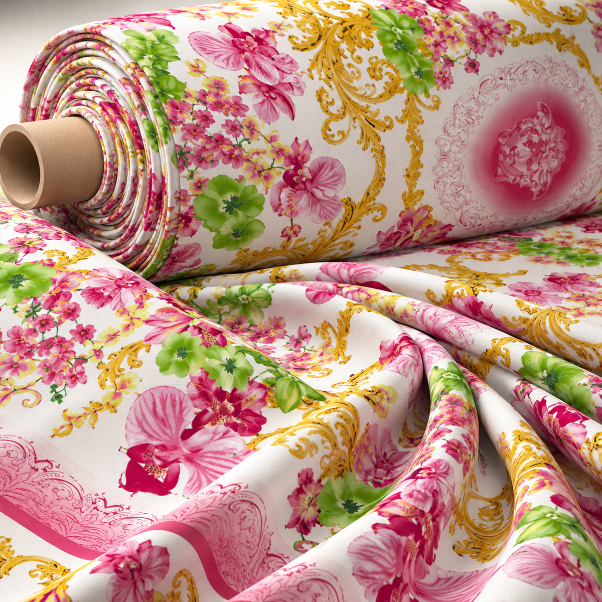 Pink Floral Baroque Poly Linen Fabric by the Metre - Whotex Fabrics London
