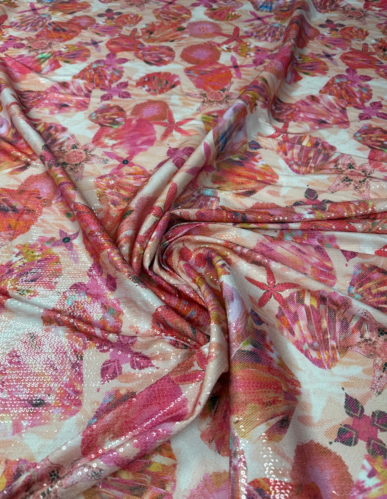Pink Floral Sequin Fabric for Summer Dresses - Whotex Fabrics London