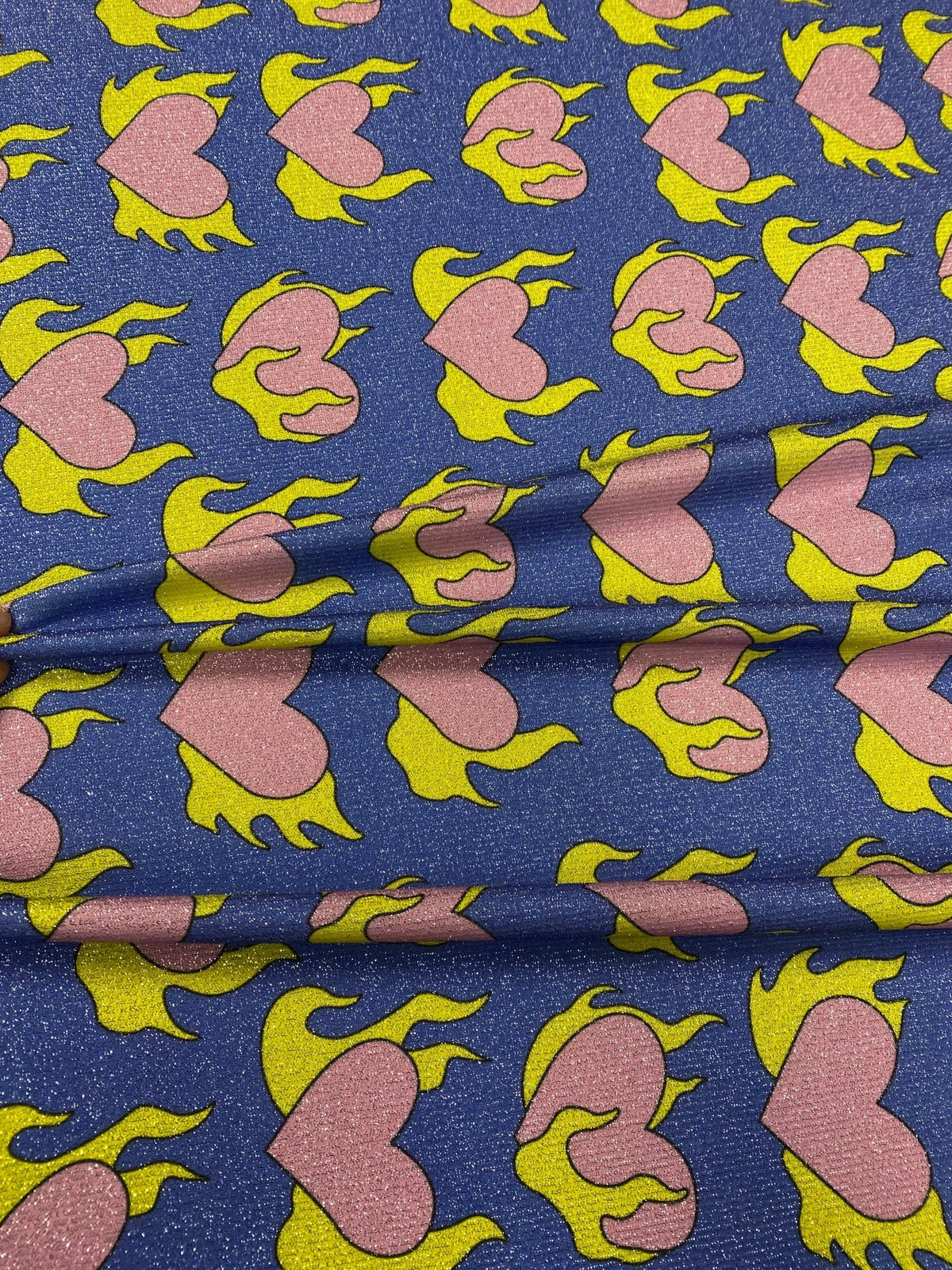 Pink Heart Yellow Flames Fabric by the Metre - Whotex Fabrics London