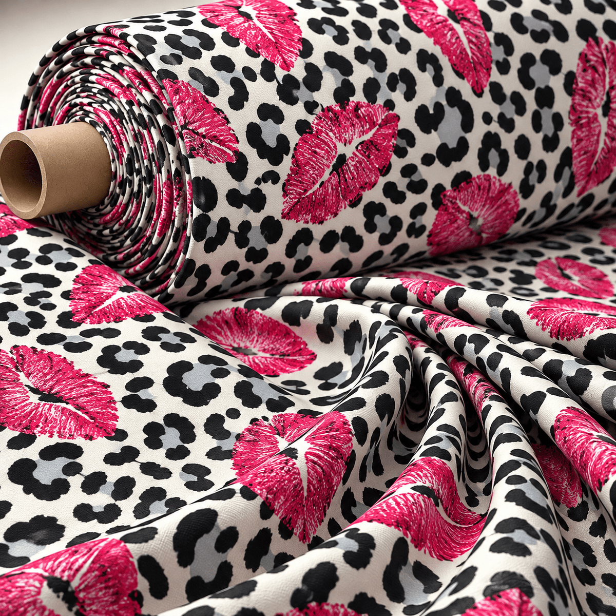 Pink Lips Leopard Satin Fabric by the Metre - Whotex Fabrics London