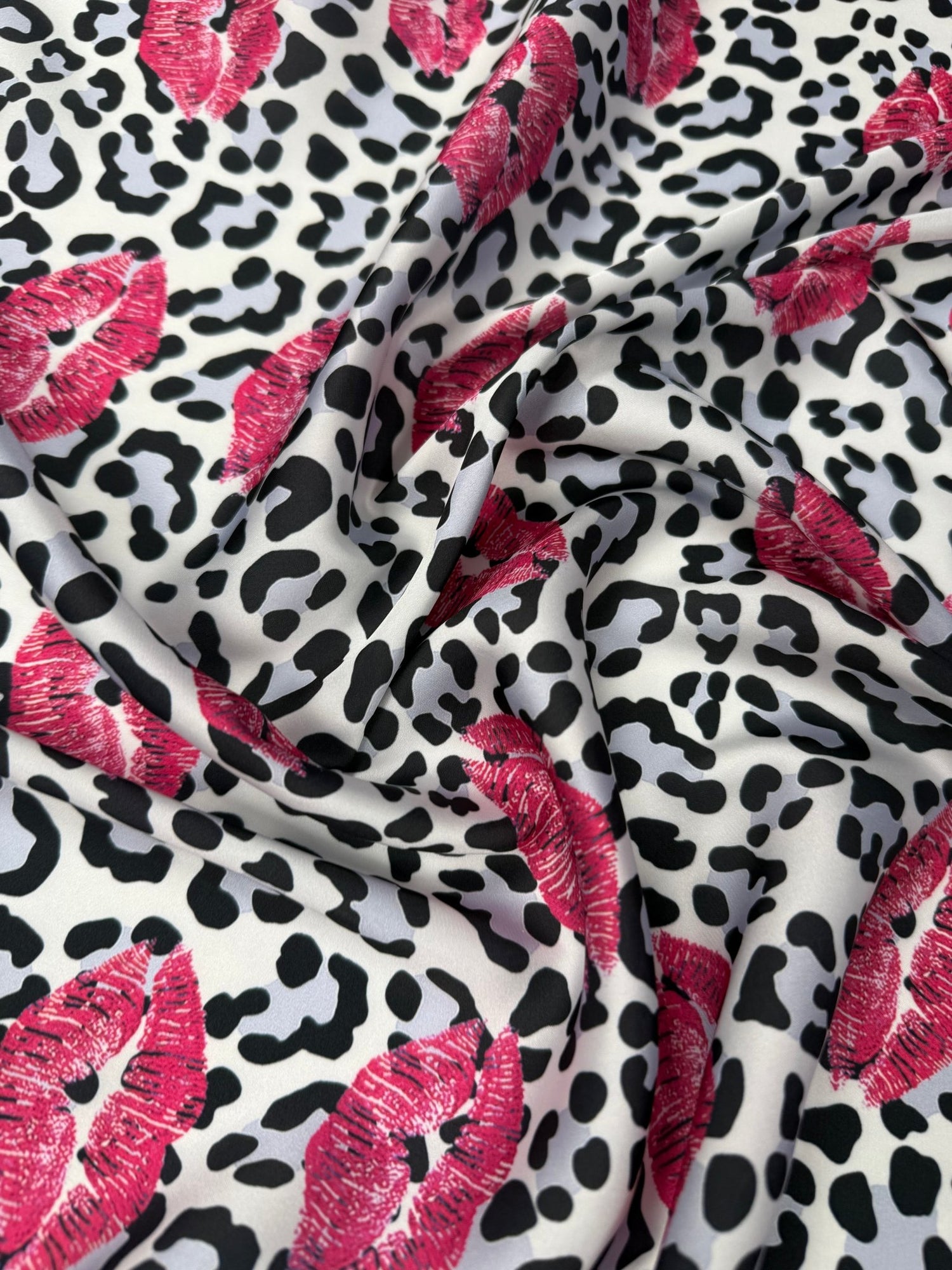 Pink Lips Leopard Satin Fabric by the Metre - Whotex Fabrics London