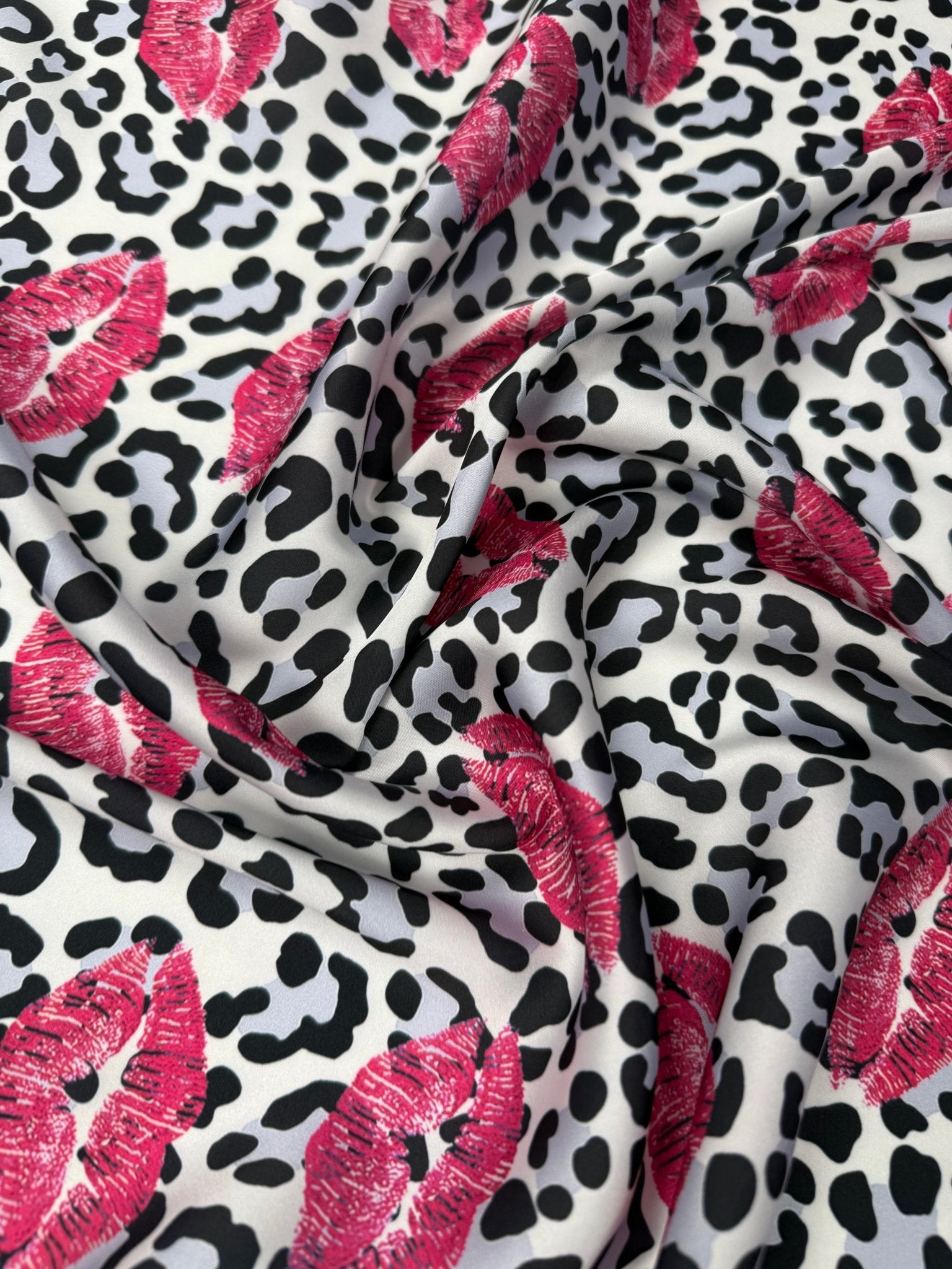 Pink Lips Leopard Satin Fabric by the Metre - Whotex Fabrics London