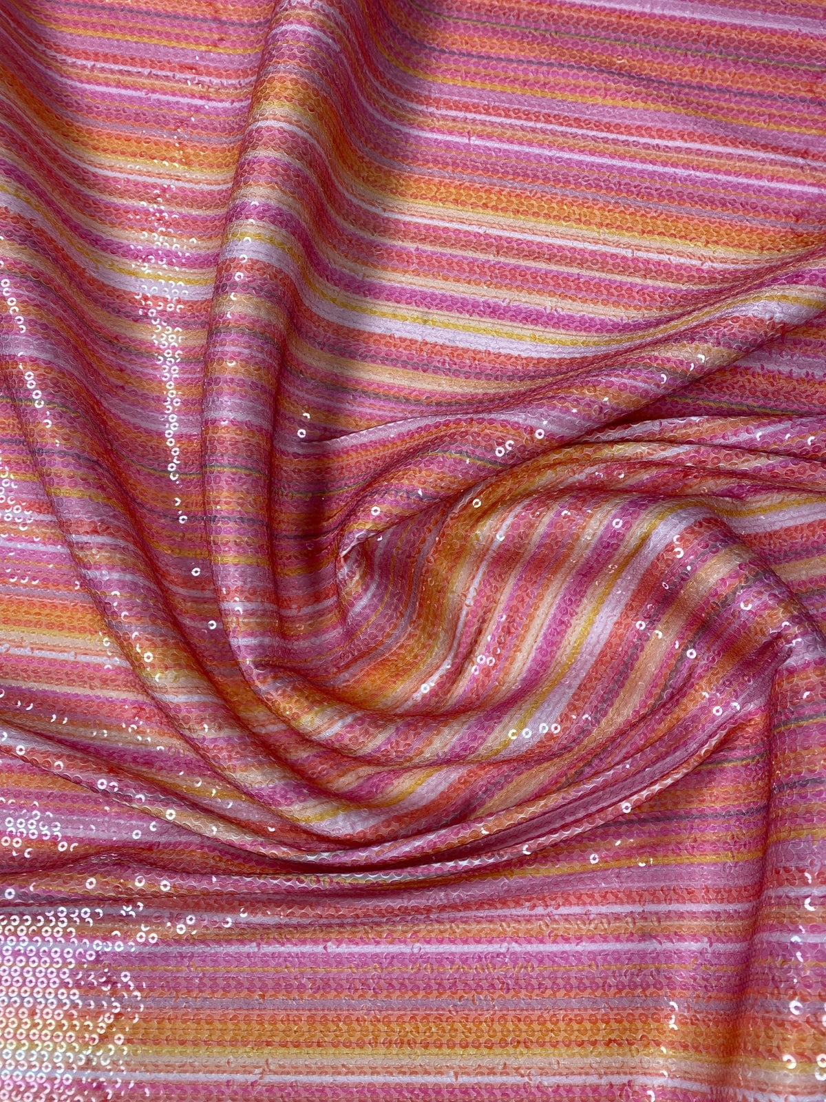 Pink Orange Striped Shimmer Sequin Fabric by the Metre - Whotex Fabrics London