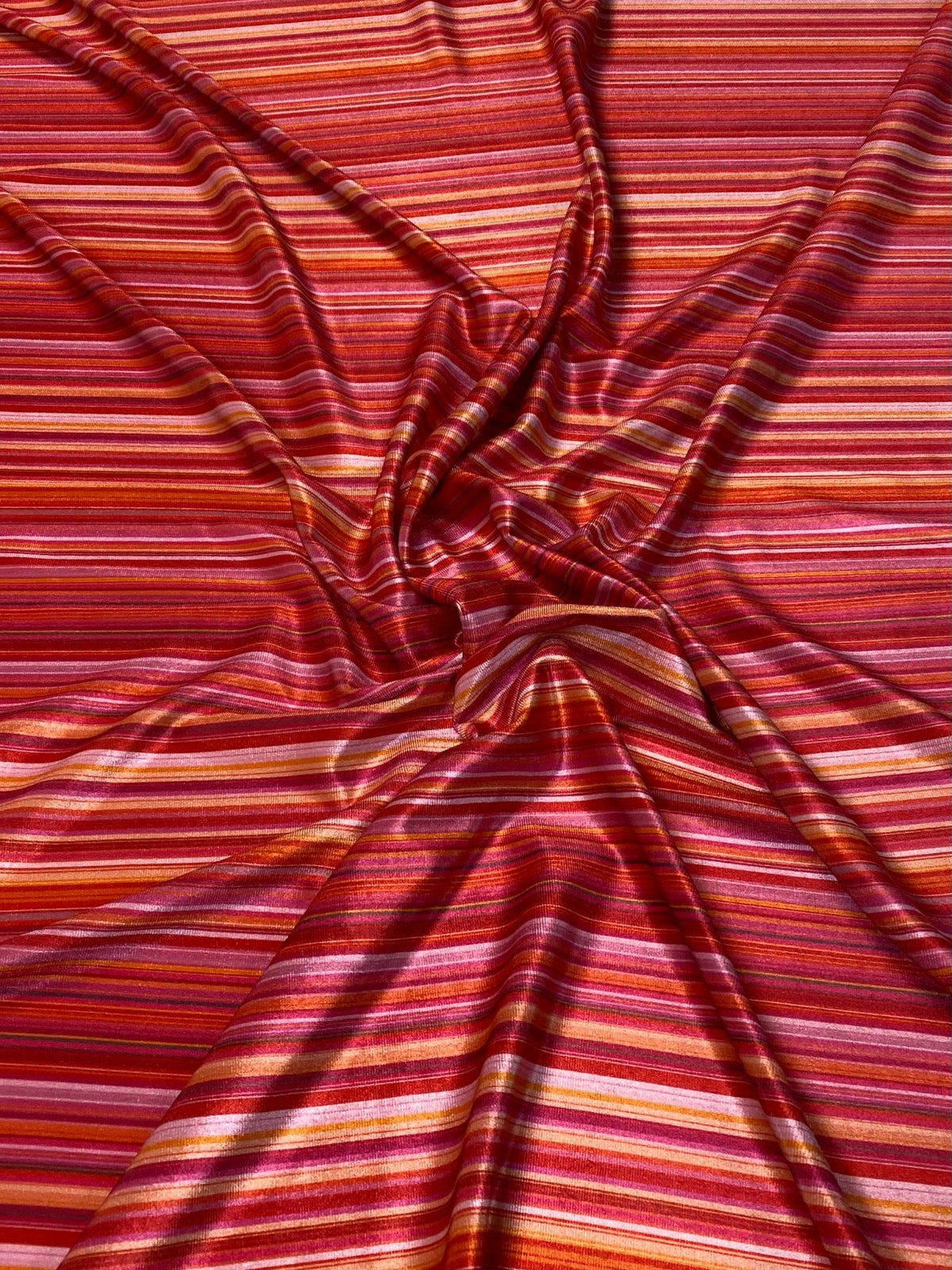 Pink Orange Striped Stretch Velvet Fabric by the Metre - Whotex Fabrics London
