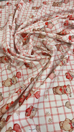 Pink Plaid Cute Teddy Bear and Heart Balloon Print Fabric - Whotex Online Fabric Store