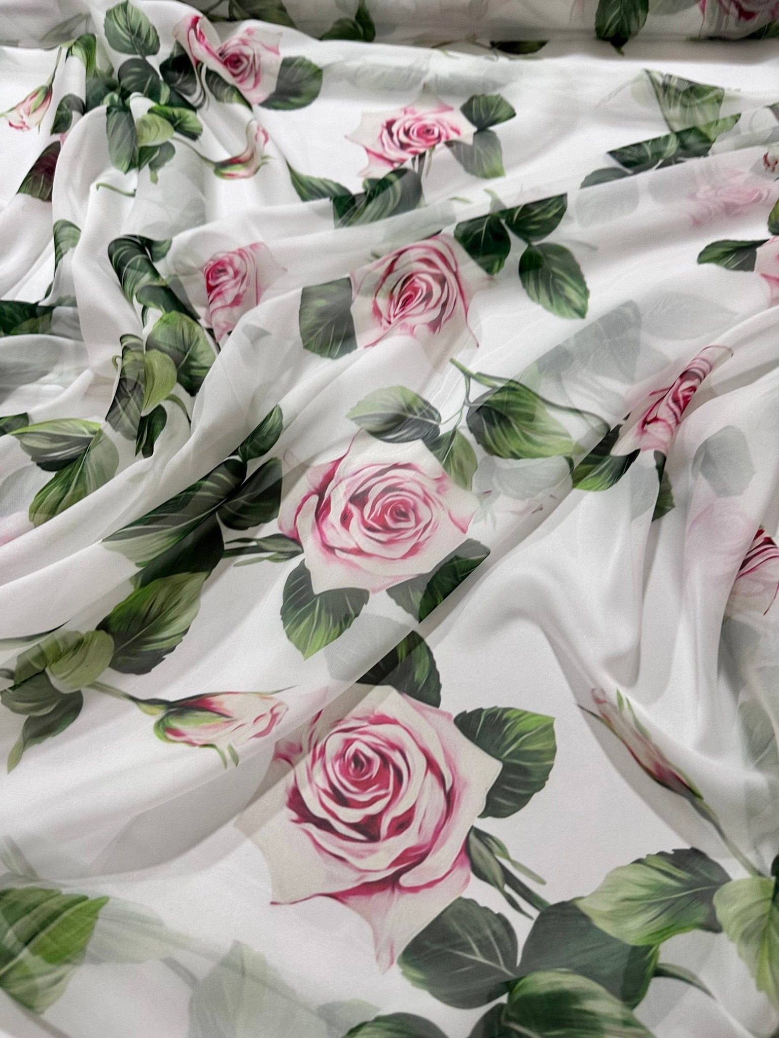 Pink Rose Pattern fabric, Floral pattern fabric, Silky Satin - Silky crepe - Polysilk Chiffon - Whotex