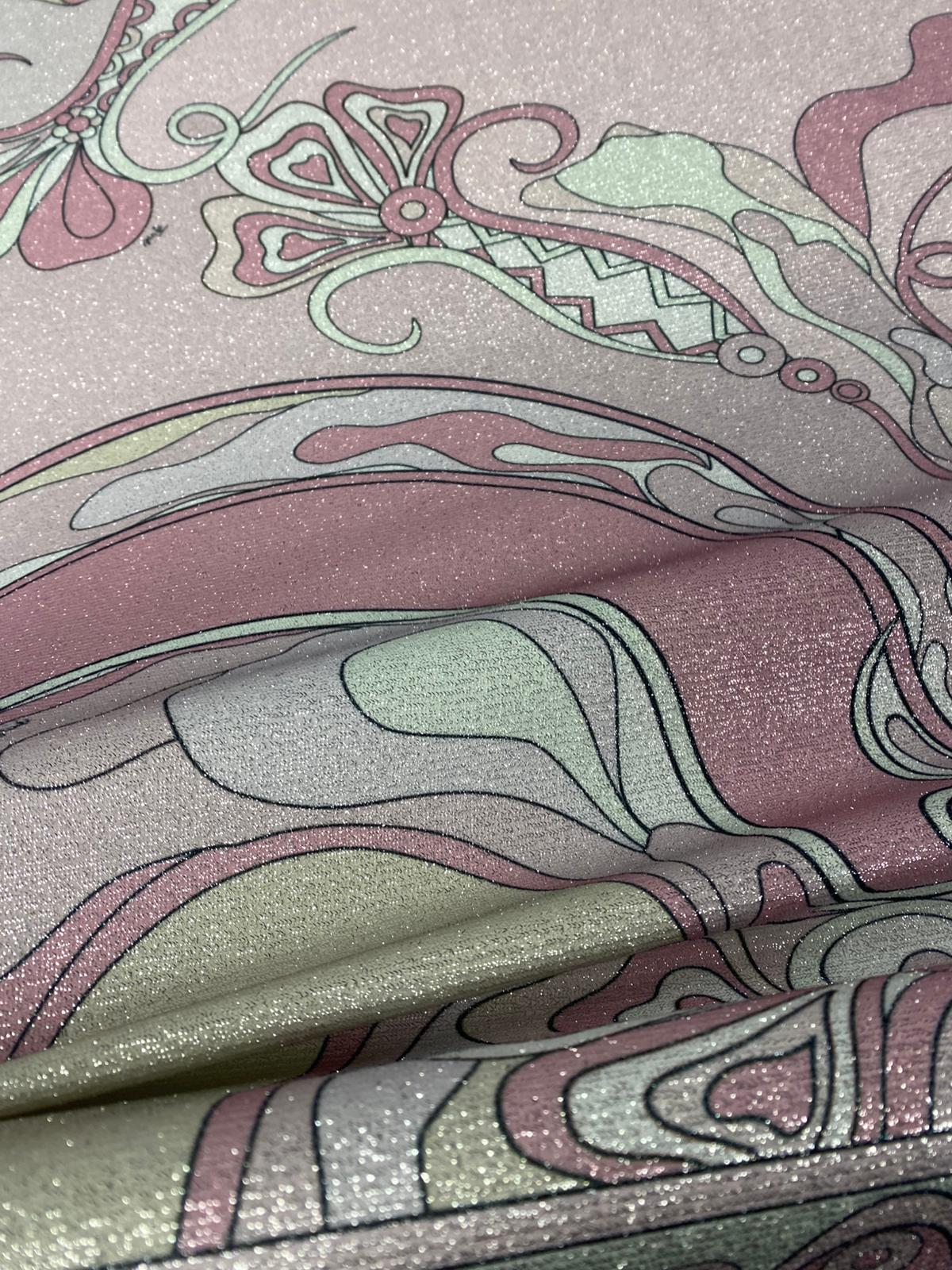Pink Shimmer Swirl Print Lurex Fabric by the Metre - Whotex Fabrics London
