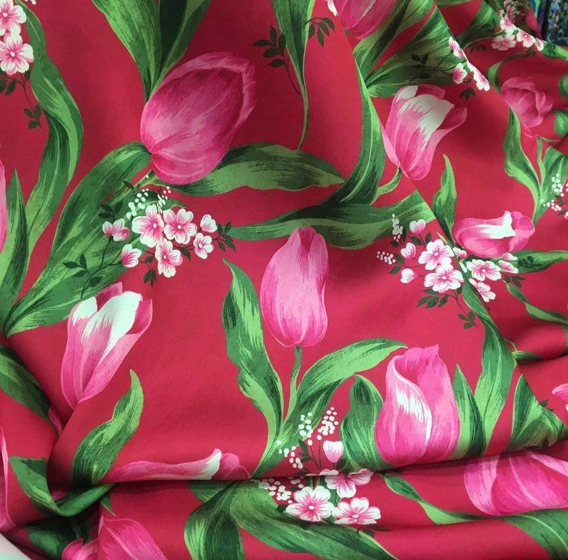 Pink Tulip Pattern Crepe, Red fabric, , wholesale fabric - Whotex