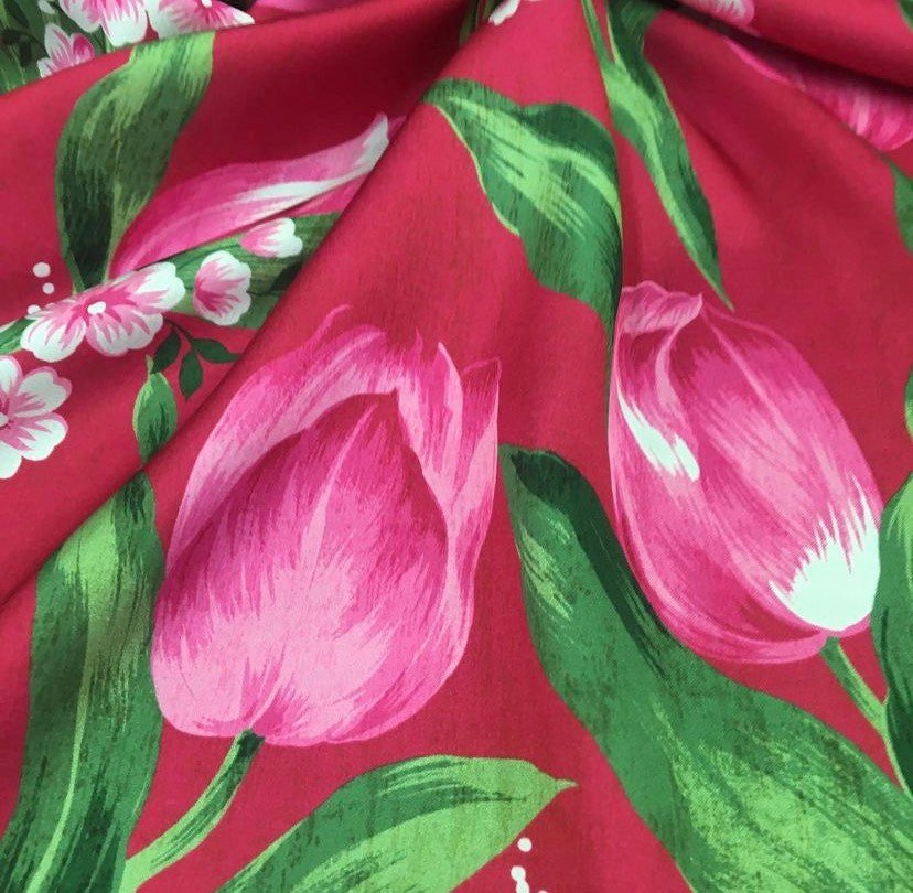 Pink Tulip Pattern Crepe, Red fabric, , wholesale fabric - Whotex