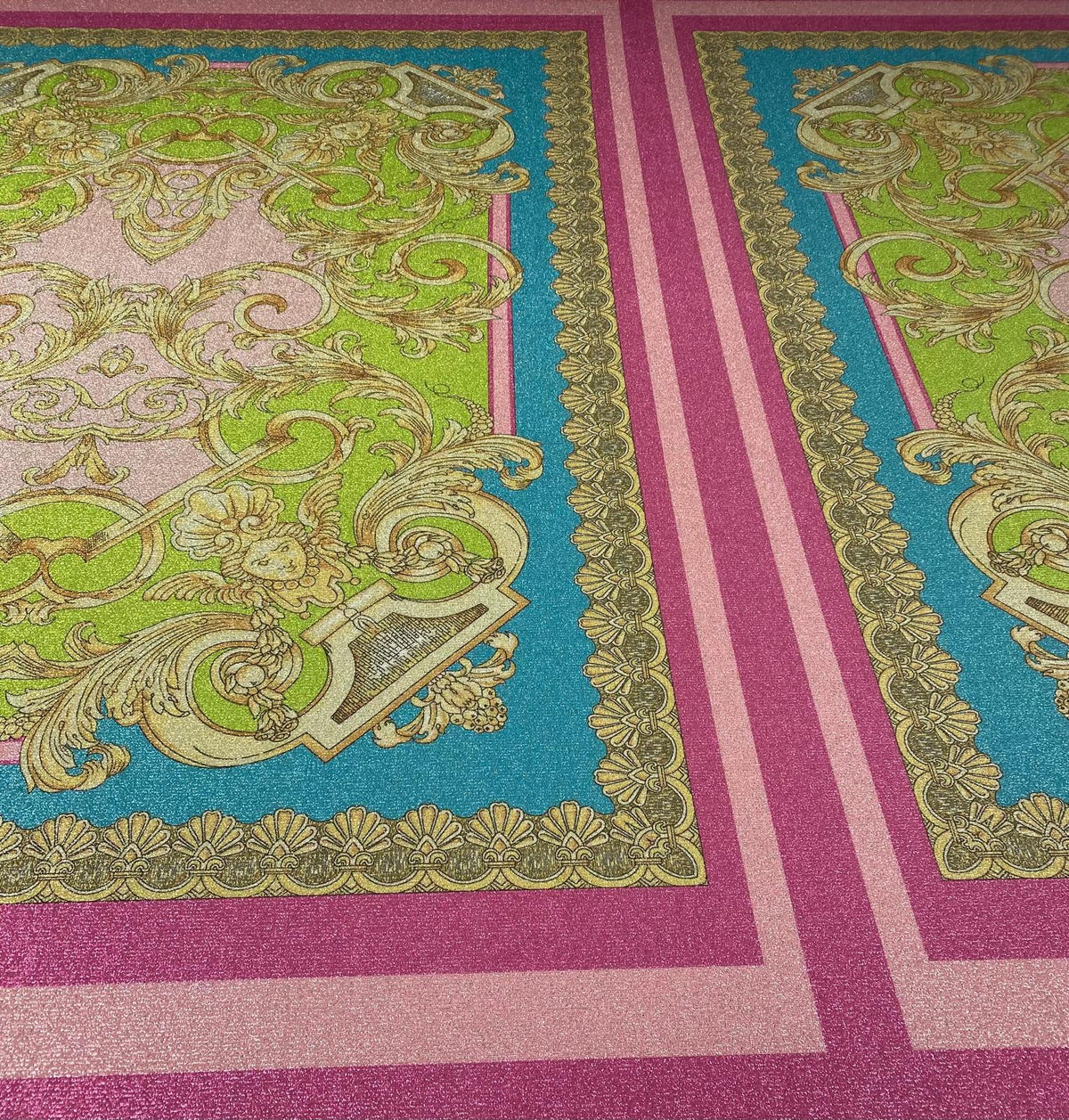 Pink Turquoise Baroque Lurex Fabric by the Metre - Whotex Fabrics London