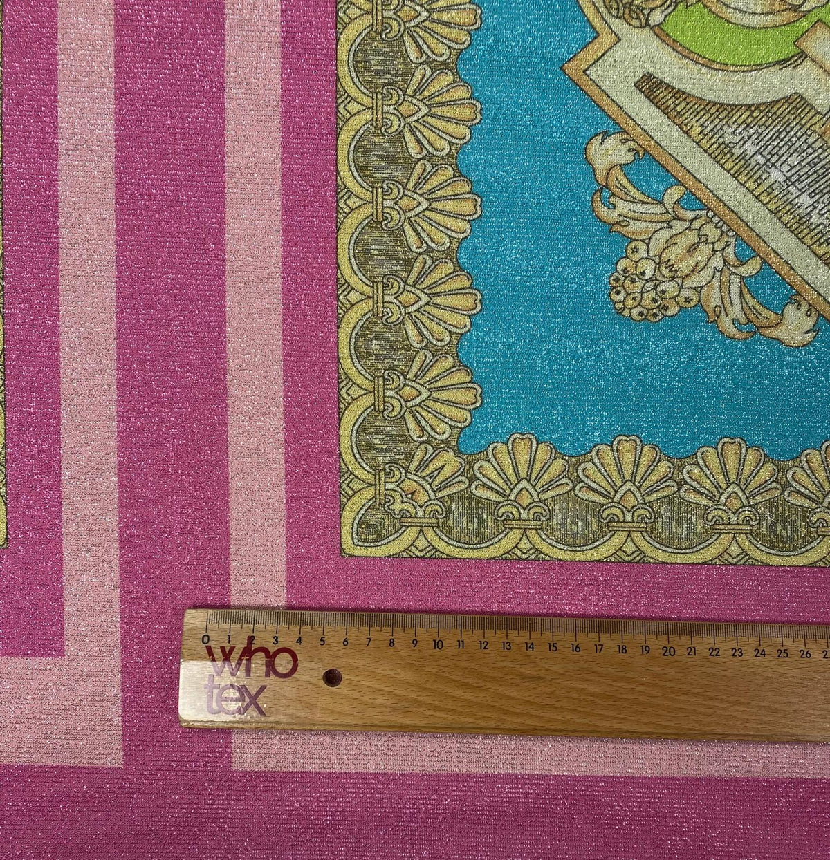 Pink Turquoise Baroque Lurex Fabric by the Metre - Whotex Fabrics London
