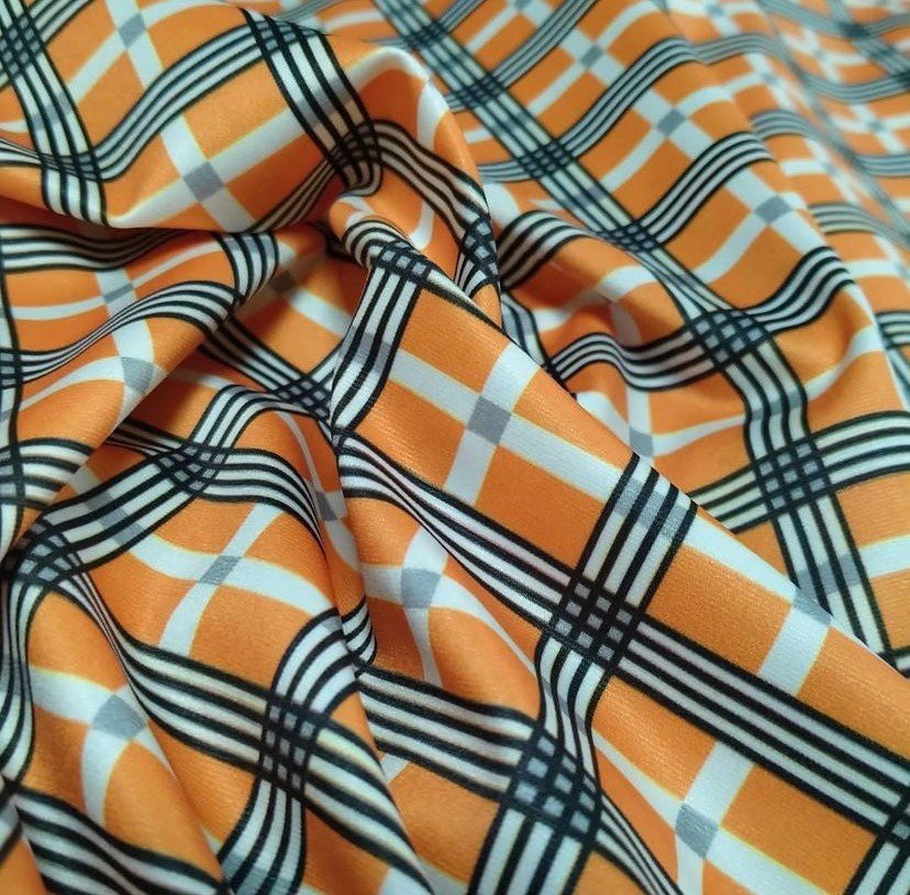 Plaid Pattern Fabric, spandex 4 - way stretch 58/60” Sold / black, white, green, orange - Whotex